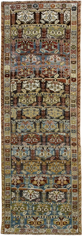 3' x 9' one-of-a-kind handmade vintage NW Persian runner rug. Color palette: ivory, sky blue, olive, rust, brown, charcoal