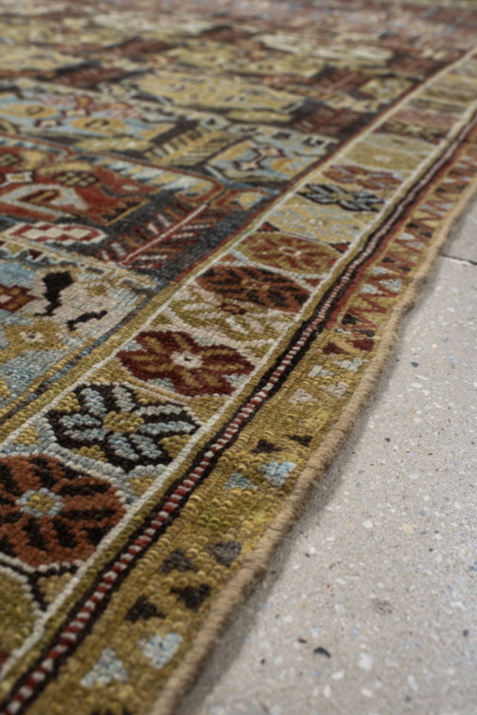 3' x 9' one-of-a-kind handmade vintage NW Persian runner rug. Color palette: ivory, sky blue, olive, rust, brown, charcoal