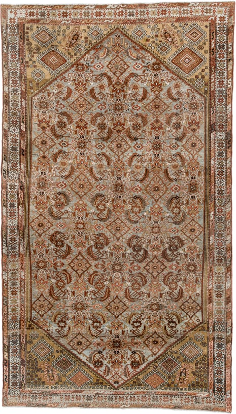 5' x 9' one-of-a-kind handmade vintage Malayer medium size rug. Color palette: ivory, camel, rust, brown, taupe, terracotta