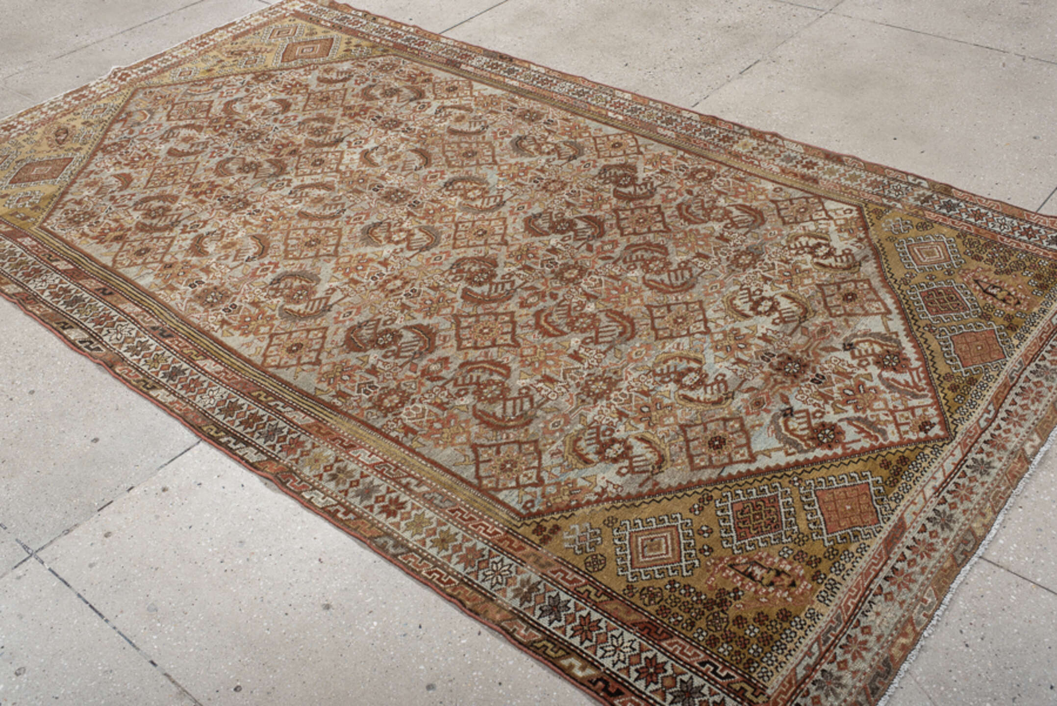 5' x 9' one-of-a-kind handmade vintage Malayer medium size rug. Color palette: ivory, camel, rust, brown, taupe, terracotta