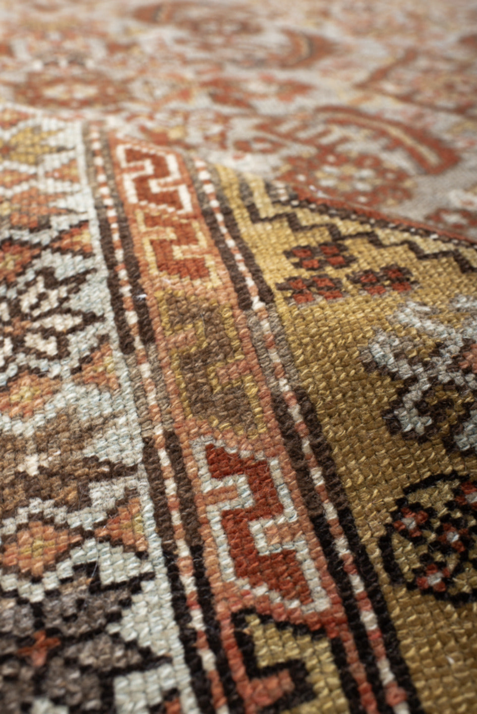 5' x 9' one-of-a-kind handmade vintage Malayer medium size rug. Color palette: ivory, camel, rust, brown, taupe, terracotta