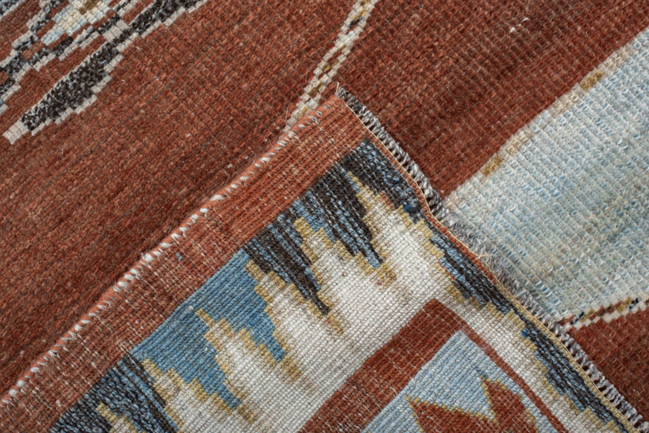 6' x 7' one-of-a-kind handmade vintage Gabbe rug. Color palette: rust, ivory, sky_blue, camel, charcoal, slate, olive