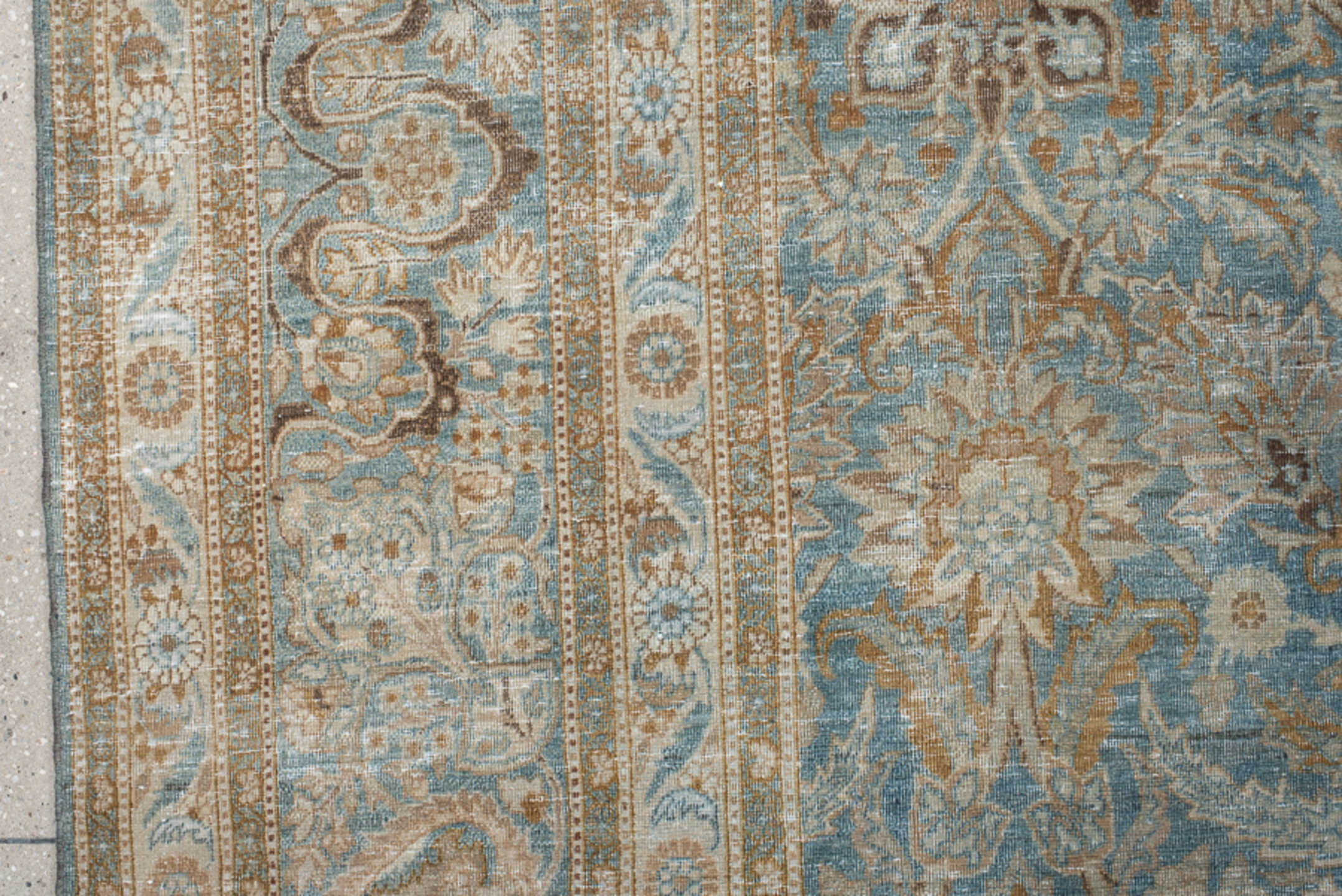 11' x 16' one-of-a-kind handmade vintage Tabriz oversize rug. Color palette: blue, brown, gray, light gray, off-white