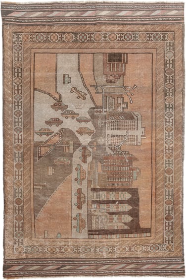 4' x 6' one-of-a-kind handmade vintage Belouch small size rug. Color palette: camel, taupe, brown, ivory, charcoal, rose
