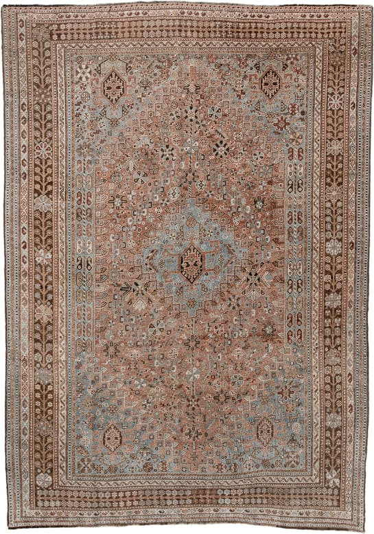 5' x 8' one-of-a-kind handmade vintage Shiraz medium size rug. Color palette: terra cotta, powder blue, ivory, brown, taupe