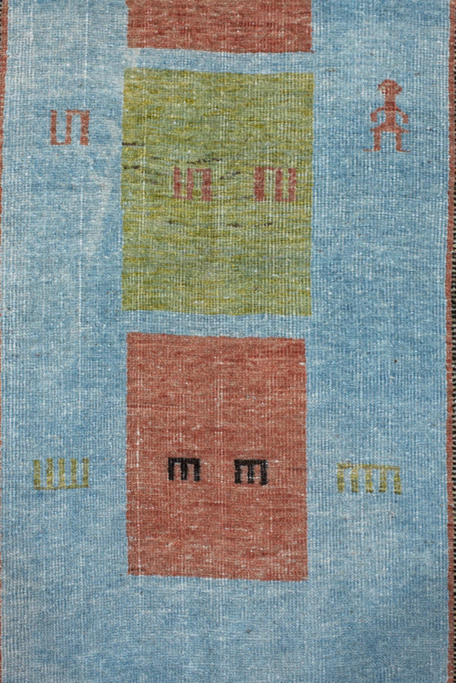 3' x 9' one-of-a-kind handmade vintage Gabbe runner rug. Color palette: sky blue, sage, rust, olive, ivory, charcoal, rose