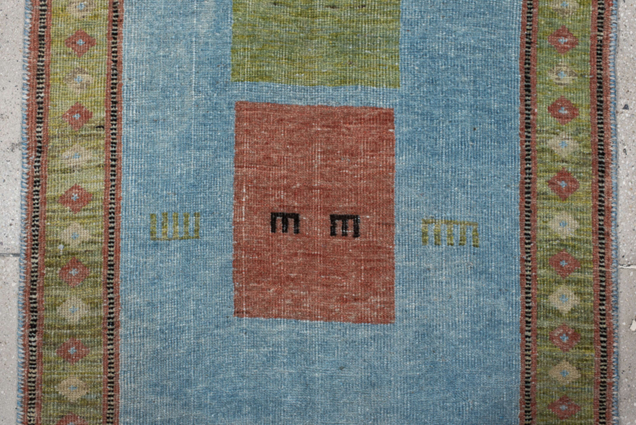 3' x 9' one-of-a-kind handmade vintage Gabbe runner rug. Color palette: sky blue, sage, rust, olive, ivory, charcoal, rose