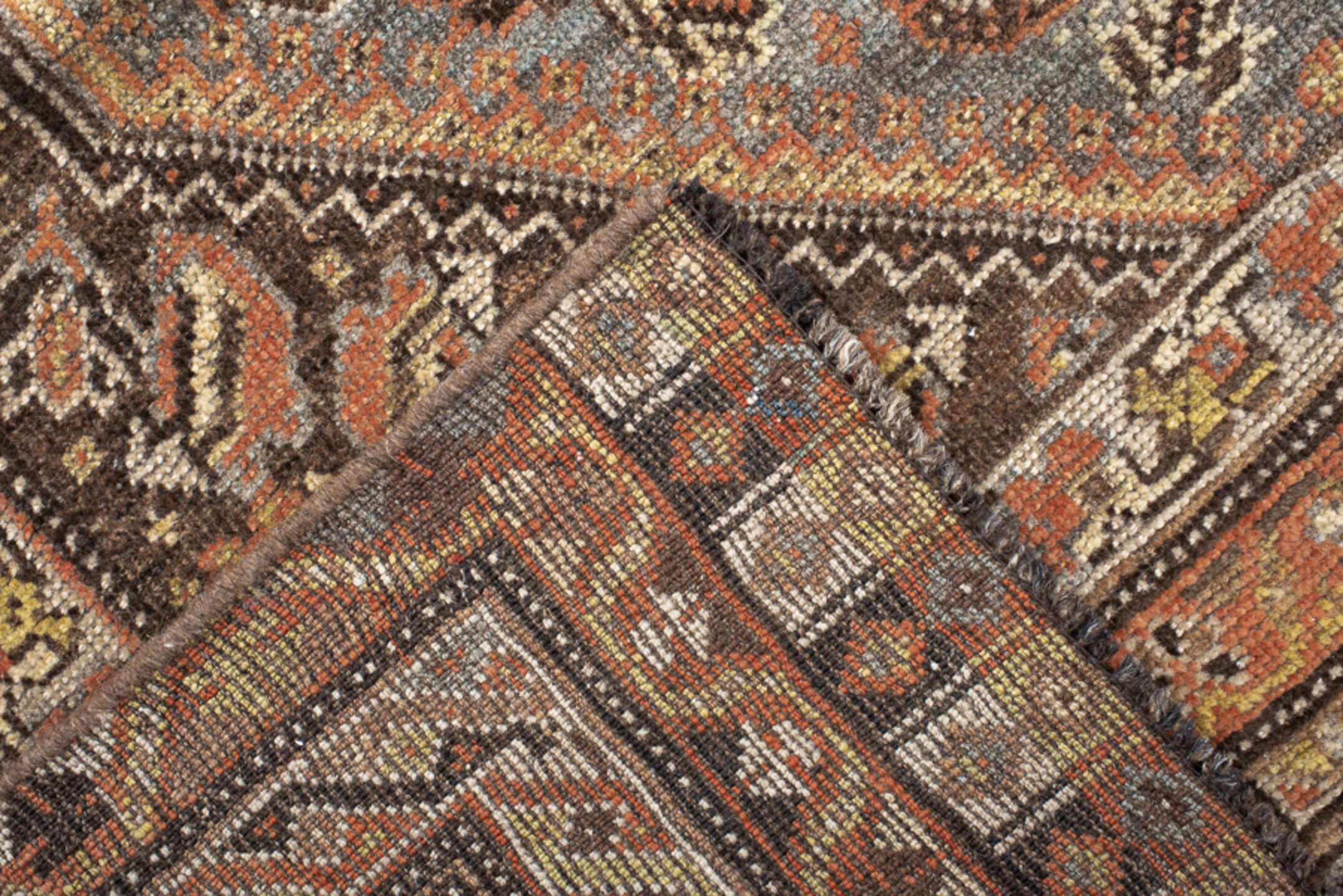 6' x 8' one-of-a-kind handmade vintage Shiraz medium size rug. Color palette: sky blue, rust, ivory, brown, camel, charcoal