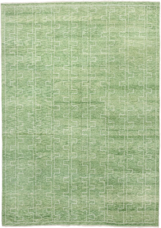 9' x 12' one-of-a-kind handmade handmade Contemporary large size rug. Color palette: sage, mint, ivory, cream, green