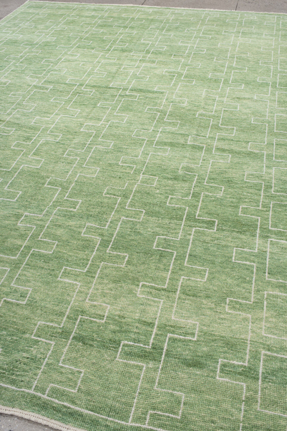 9' x 12' one-of-a-kind handmade handmade Contemporary large size rug. Color palette: sage, mint, ivory, cream, green