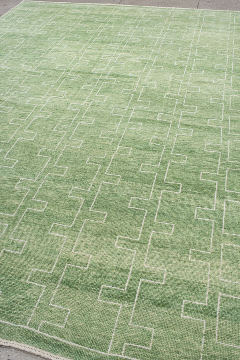 9' x 12' one-of-a-kind handmade handmade Contemporary large size rug. Color palette: sage, mint, ivory, cream, green