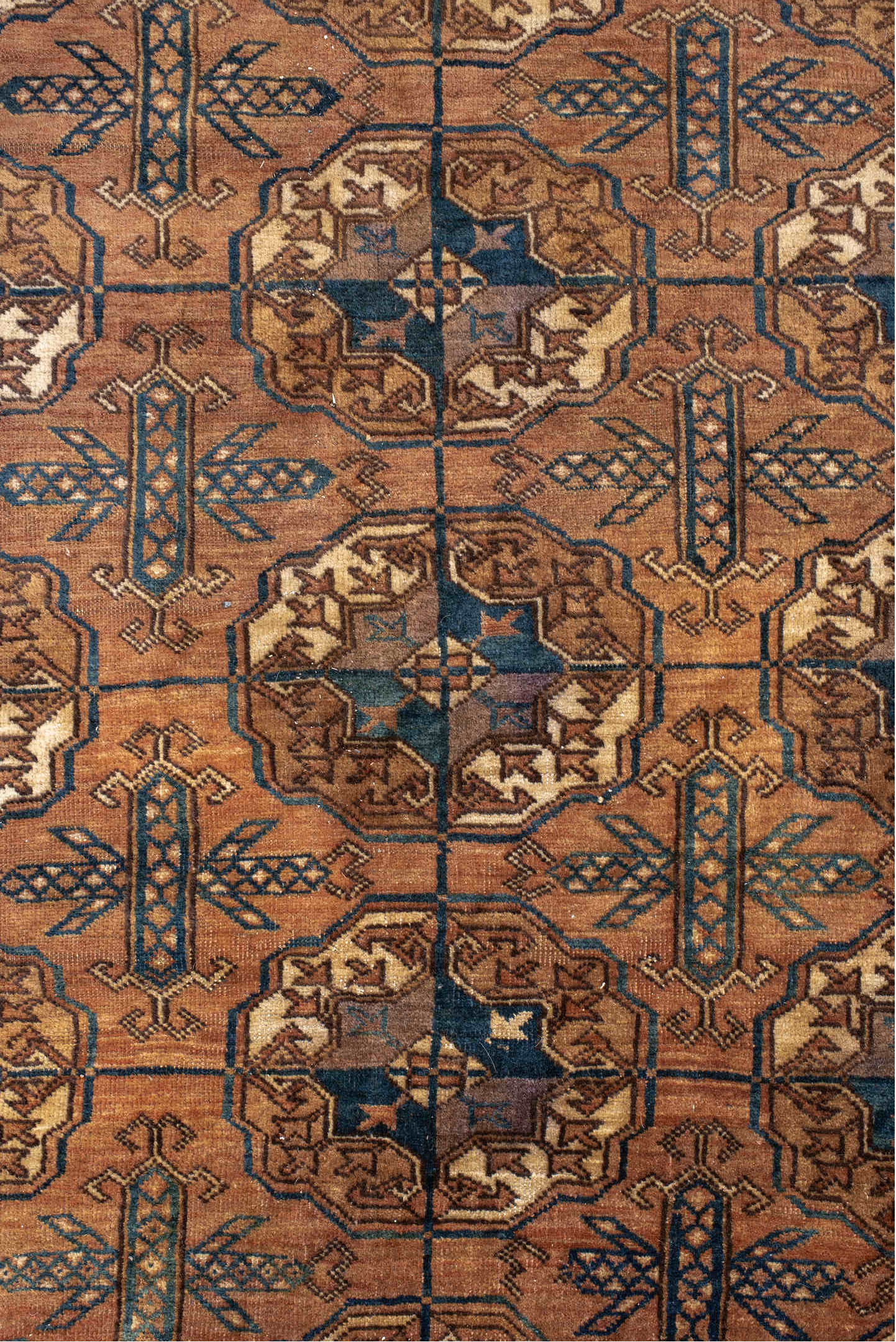 6' x 10' one-of-a-kind handmade vintage Torkaman large size rug. Color palette: brown, gray, off-white, orange, pink, sienna