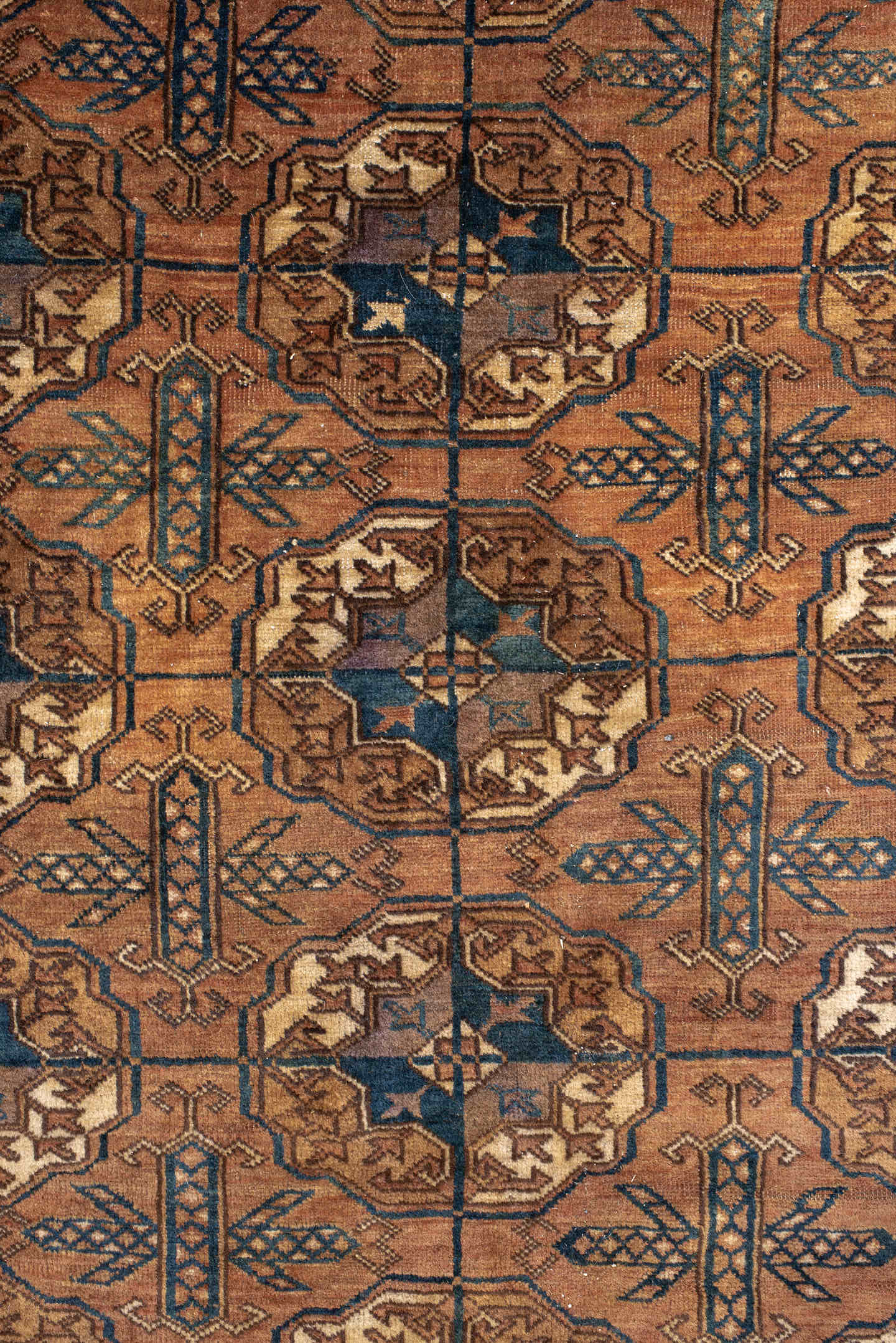 6' x 10' one-of-a-kind handmade antique Torkaman large size rug. Color palette: terra cotta, brown, navy, ivory, camel