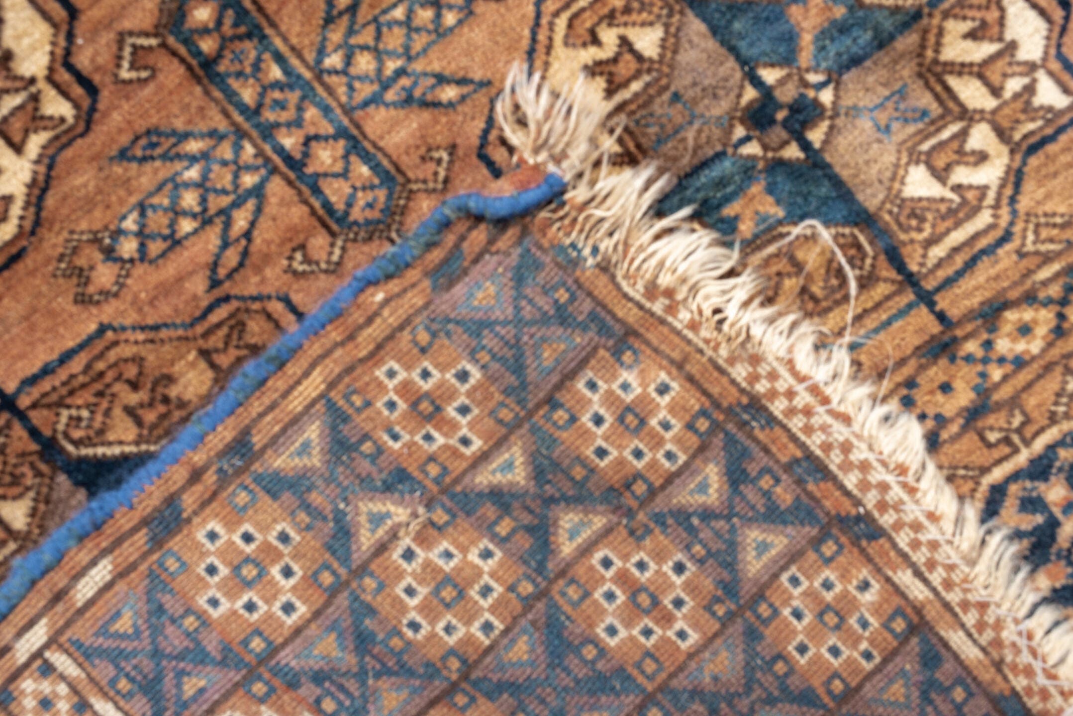 6' x 10' one-of-a-kind handmade antique Torkaman large size rug. Color palette: terra cotta, brown, navy, ivory, camel