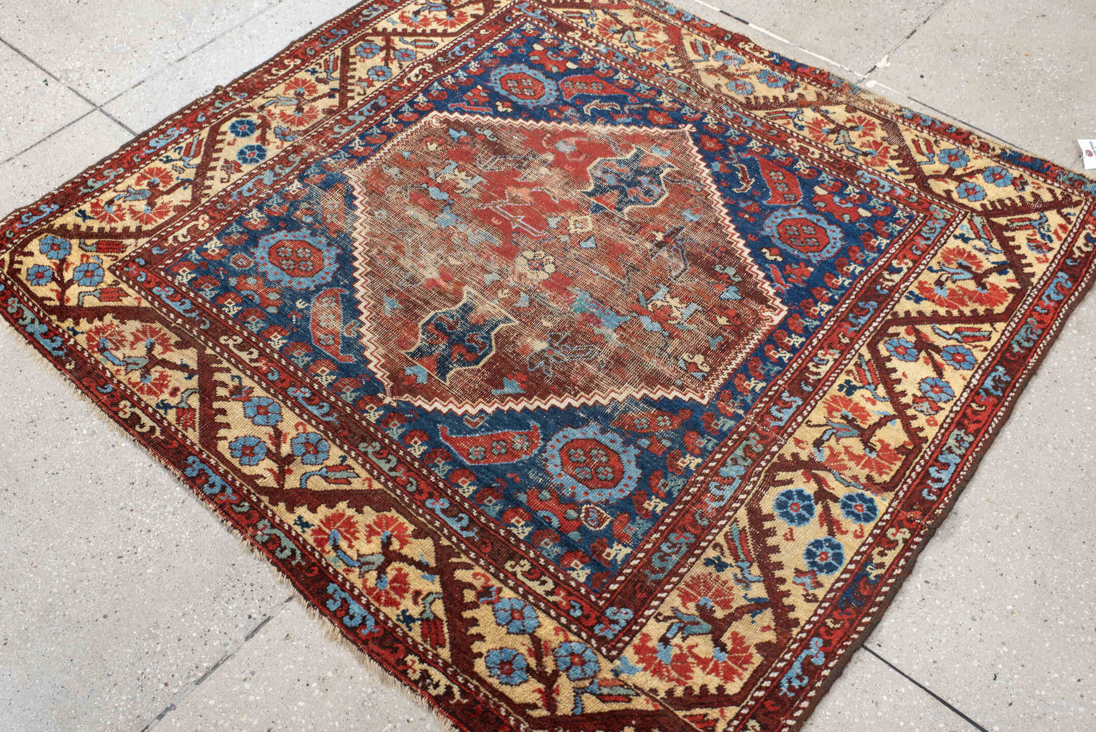 4' x 4' one-of-a-kind handmade vintage Anatol small size rug. Color palette: blue, brown, gray, off-white, orange, pink, red