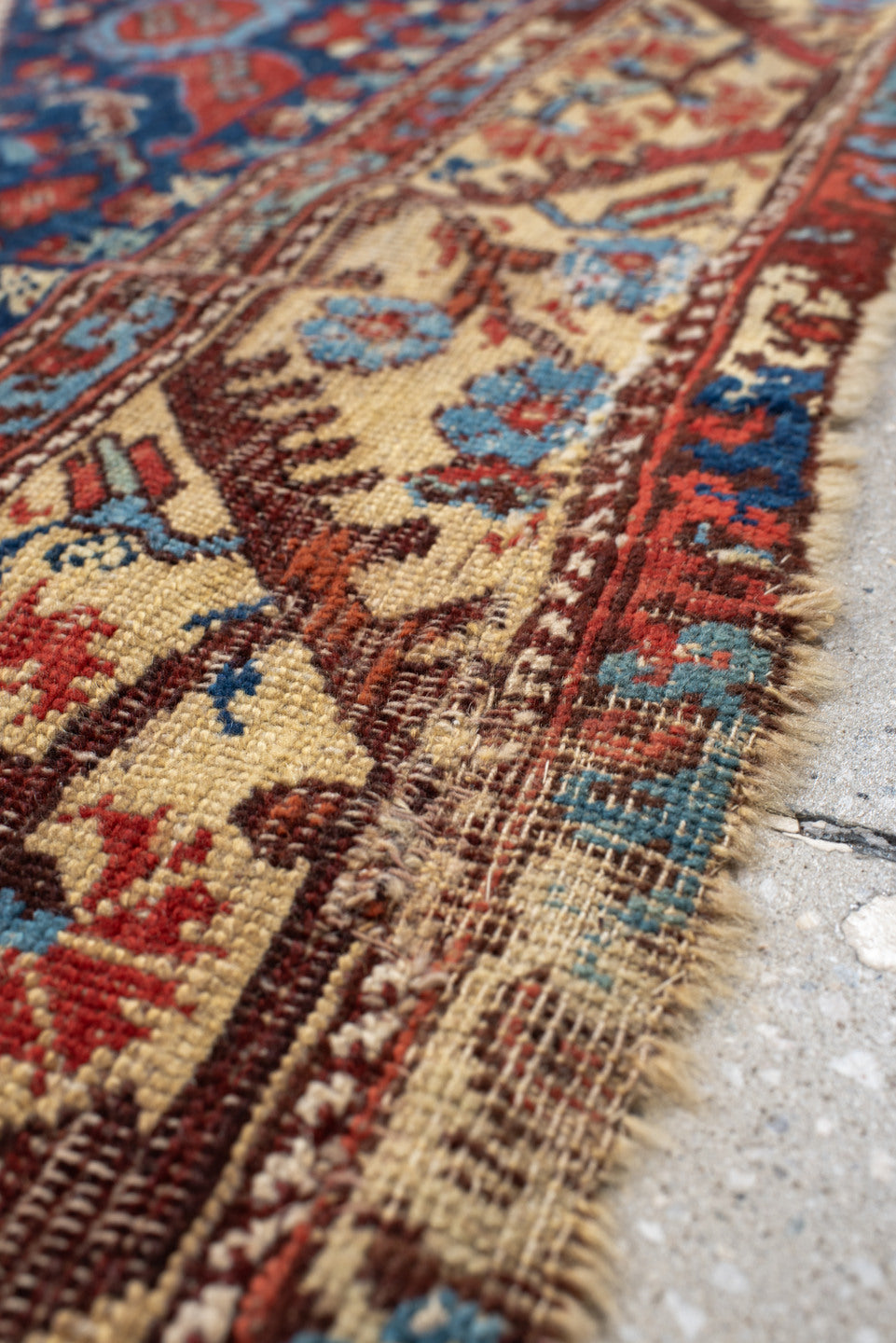 4' x 4' one-of-a-kind handmade vintage Anatolian small size rug. Color palette: blue, brown, gray, off-white, orange, pink