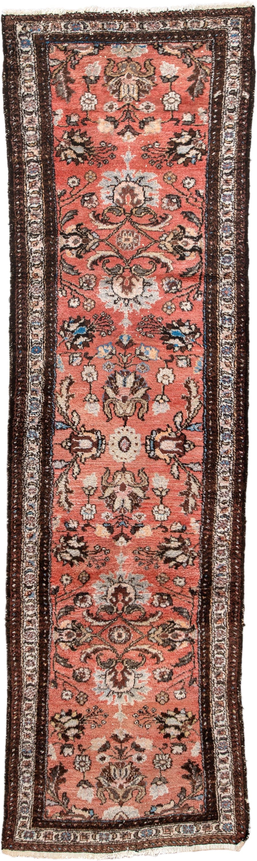 2' x 9' one-of-a-kind handmade antique Lilian runner rug. Color palette: rose, ivory, brown, charcoal, sky blue, taupe