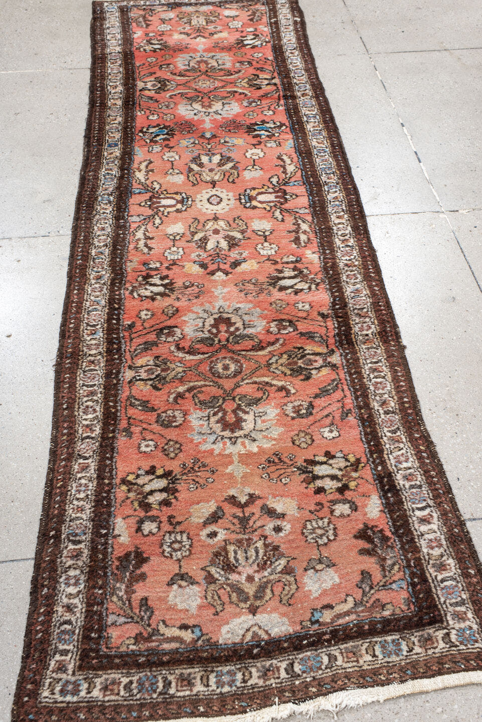 2' x 9' one-of-a-kind handmade antique Lilian runner rug. Color palette: rose, ivory, brown, charcoal, sky blue, taupe