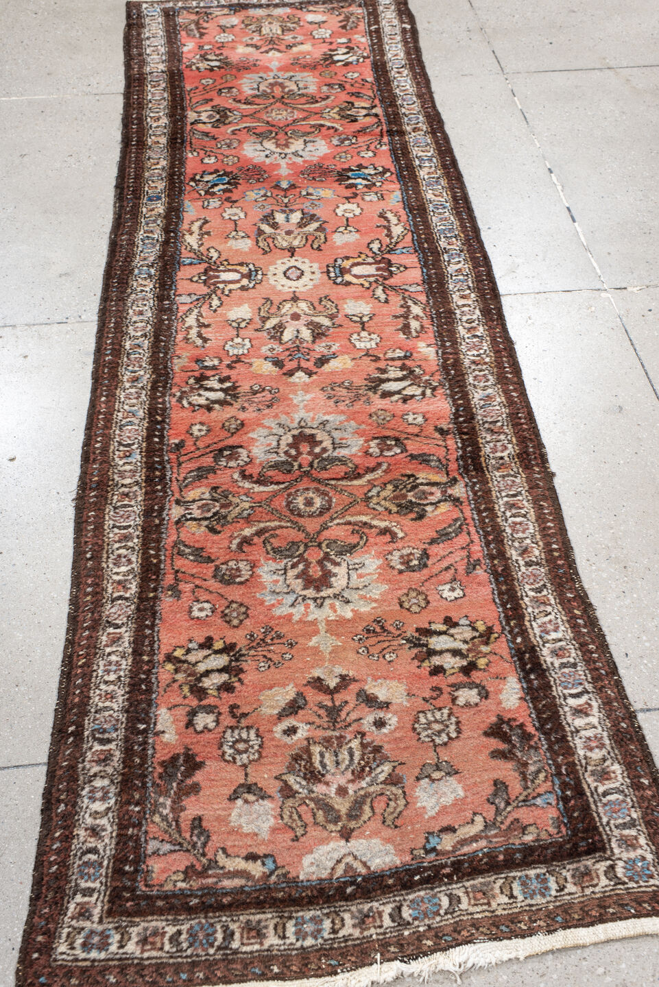 2' x 9' one-of-a-kind handmade antique Lilian runner rug. Color palette: rose, ivory, brown, charcoal, sky blue, taupe