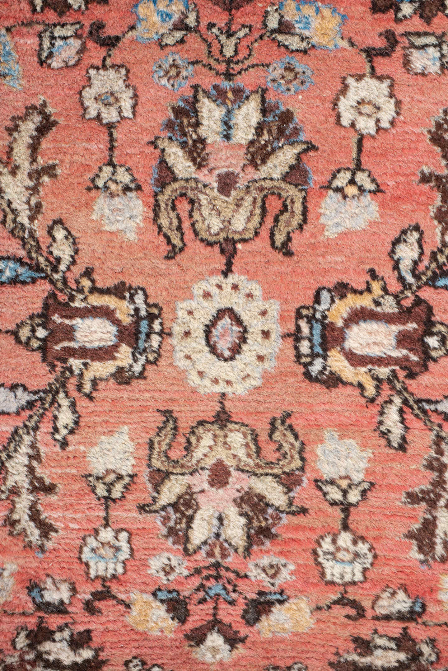 2' x 9' one-of-a-kind handmade antique Lilian runner rug. Color palette: rose, ivory, brown, charcoal, sky blue, taupe