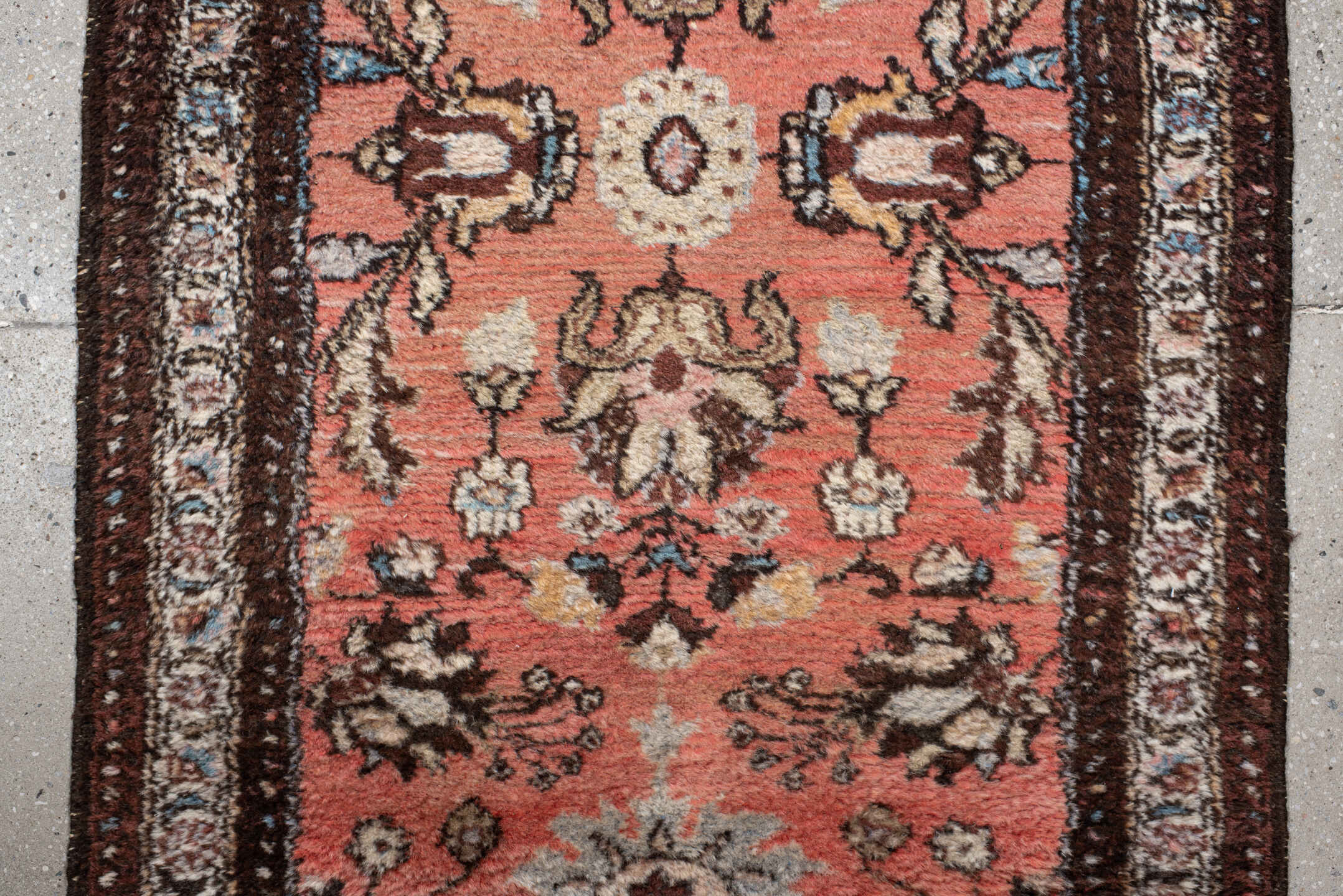 2' x 9' one-of-a-kind handmade antique Lilian runner rug. Color palette: rose, ivory, brown, charcoal, sky blue, taupe