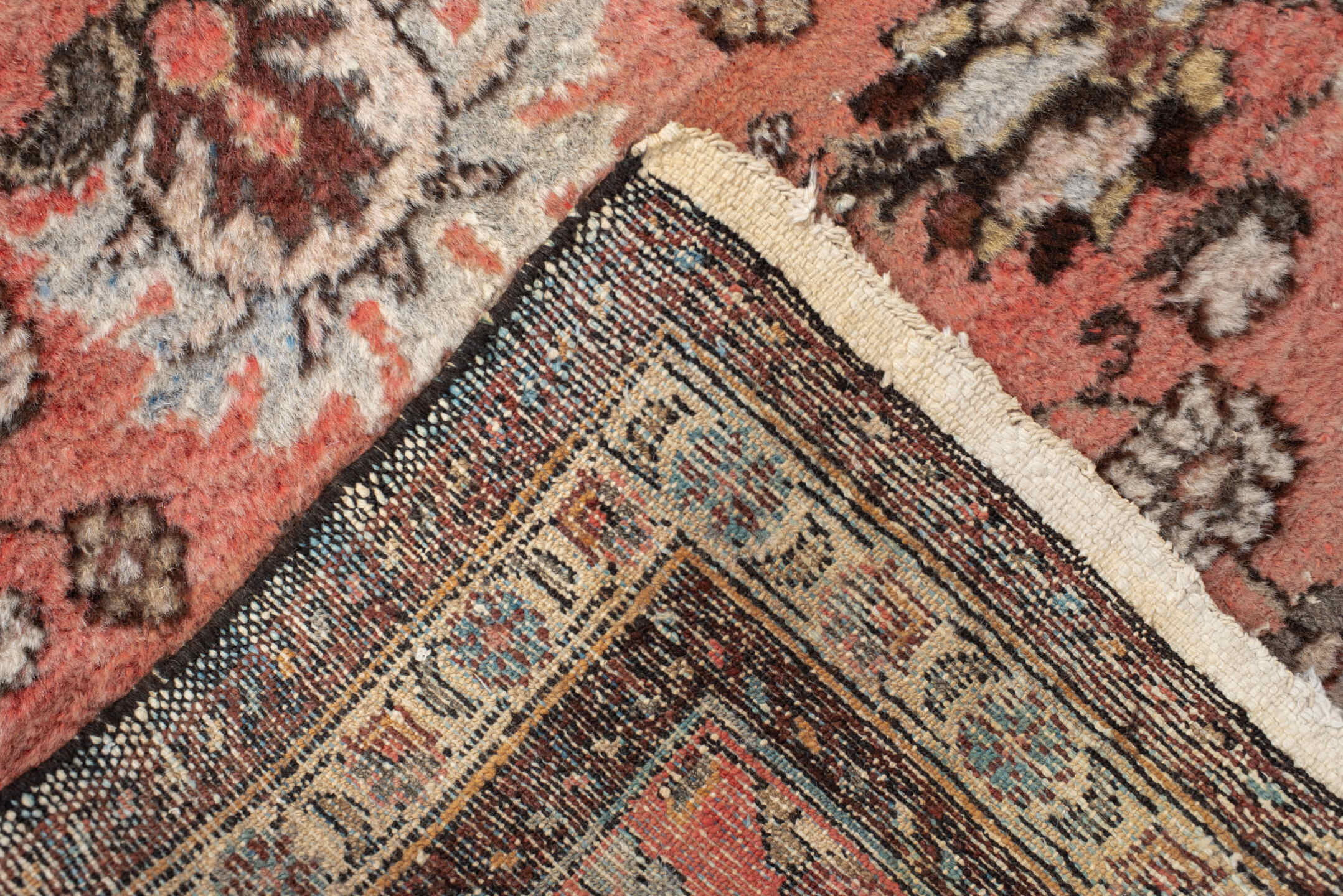 2' x 9' one-of-a-kind handmade antique Lilian runner rug. Color palette: rose, ivory, brown, charcoal, sky blue, taupe