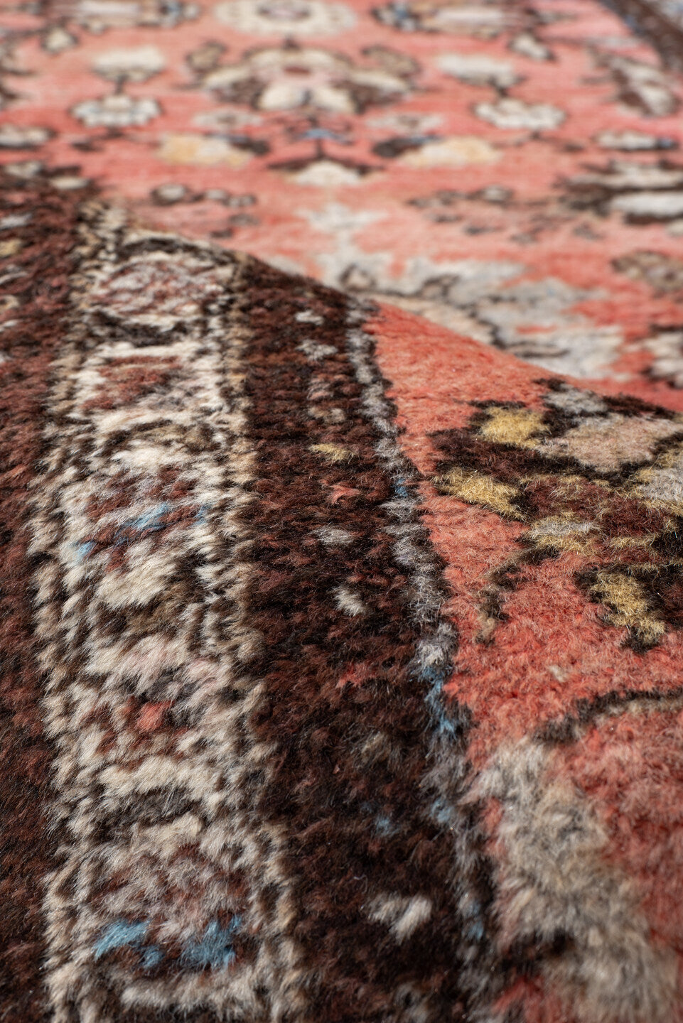 2' x 9' one-of-a-kind handmade antique Lilian runner rug. Color palette: rose, ivory, brown, charcoal, sky blue, taupe