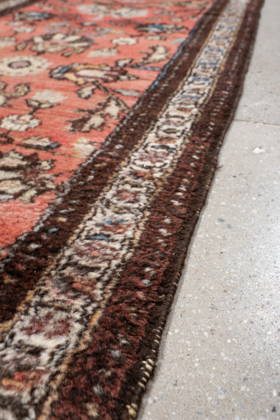 2' x 9' one-of-a-kind handmade antique Lilian runner rug. Color palette: rose, ivory, brown, charcoal, sky blue, taupe