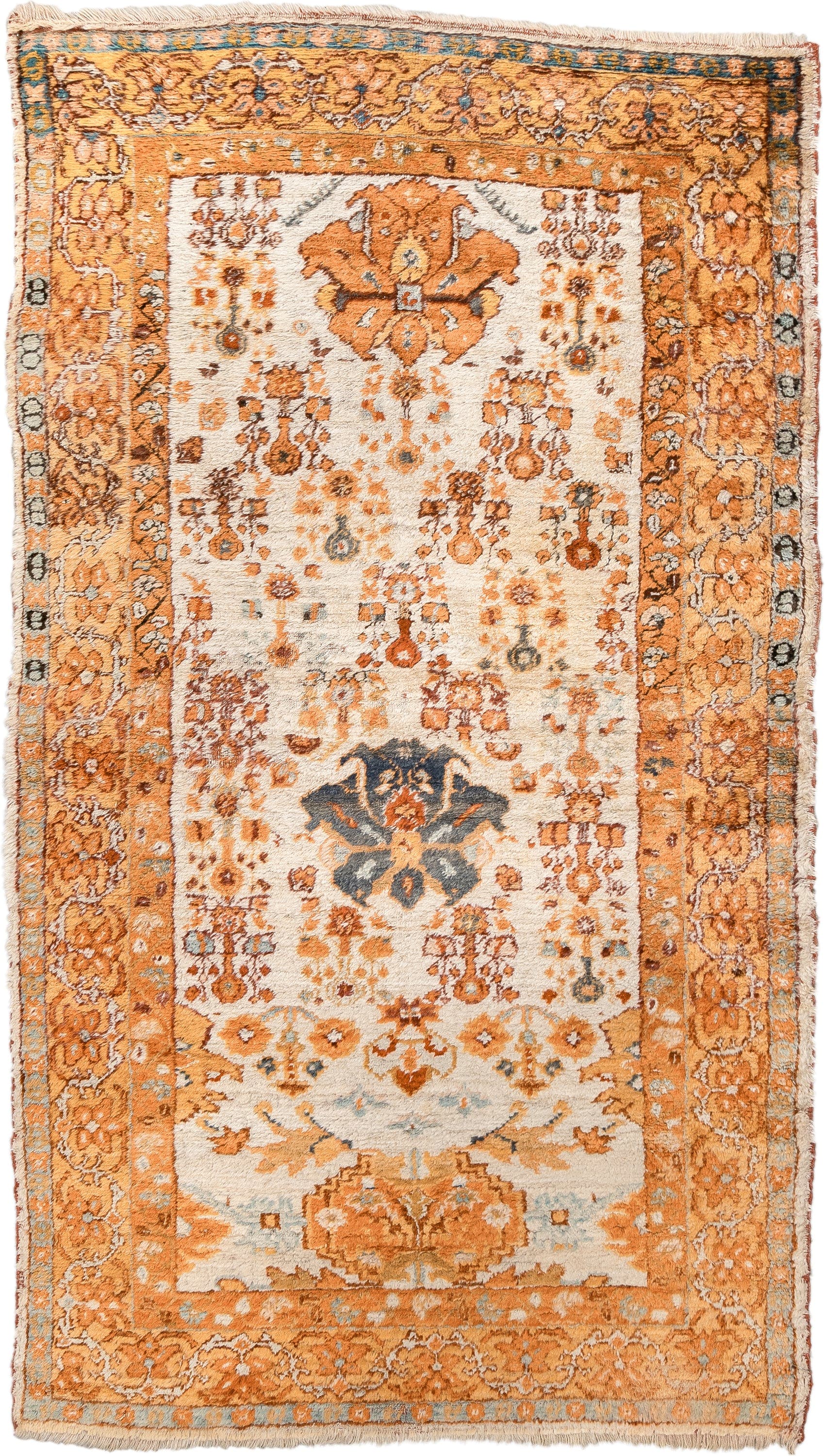 3' x 6' one-of-a-kind handmade antique Oushak rug. Color palette: apricot, ivory, rust, sky blue, slate, camel, terracotta
