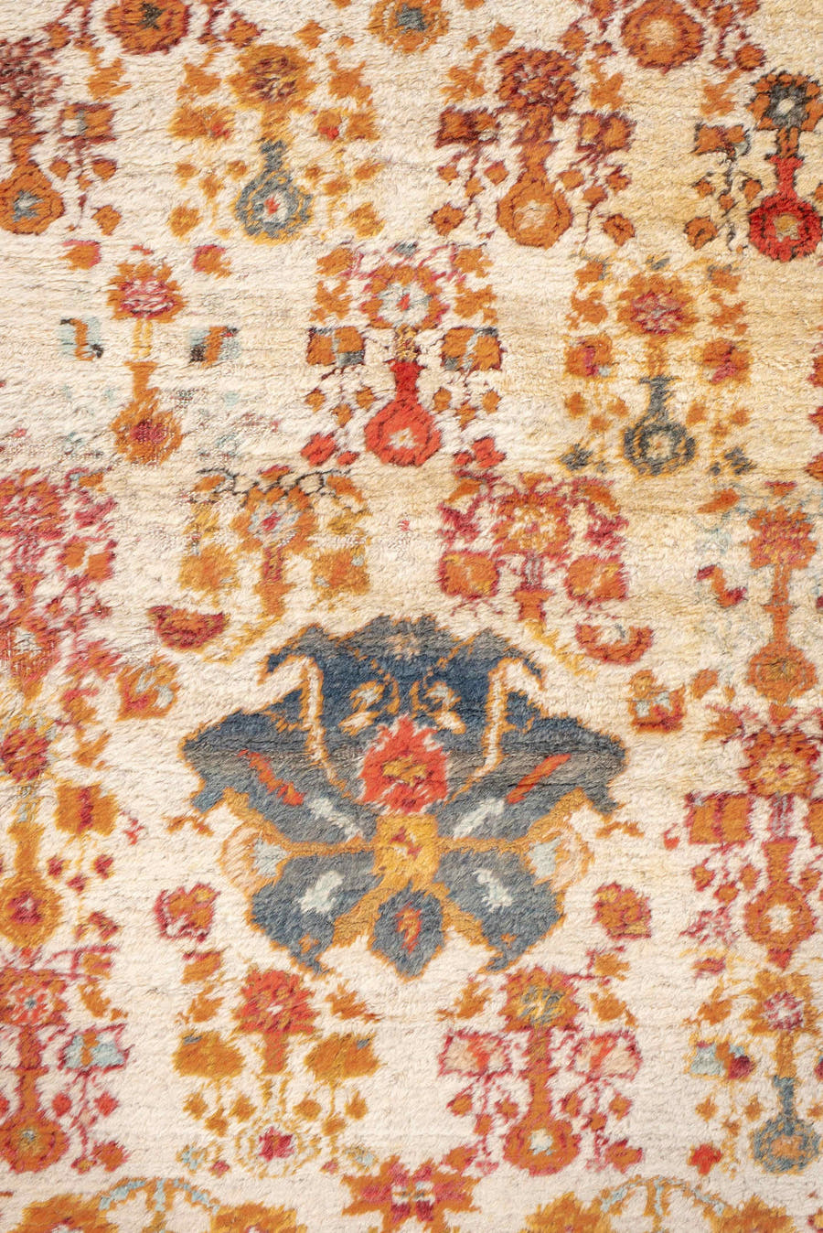 3' x 6' one-of-a-kind handmade antique Oushak rug. Color palette: apricot, ivory, rust, sky blue, slate, camel, terracotta