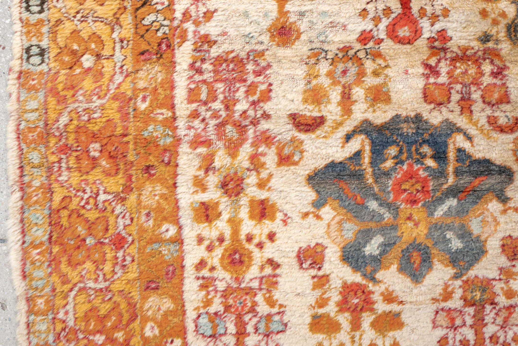 3' x 6' one-of-a-kind handmade antique Oushak rug. Color palette: apricot, ivory, rust, sky blue, slate, camel, terracotta