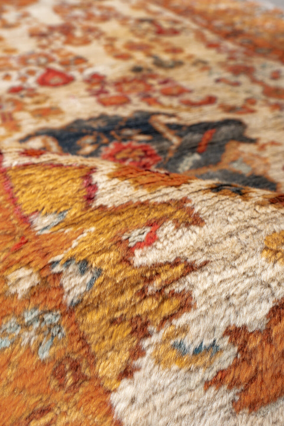 3' x 6' one-of-a-kind handmade antique Oushak rug. Color palette: apricot, ivory, rust, sky blue, slate, camel, terracotta
