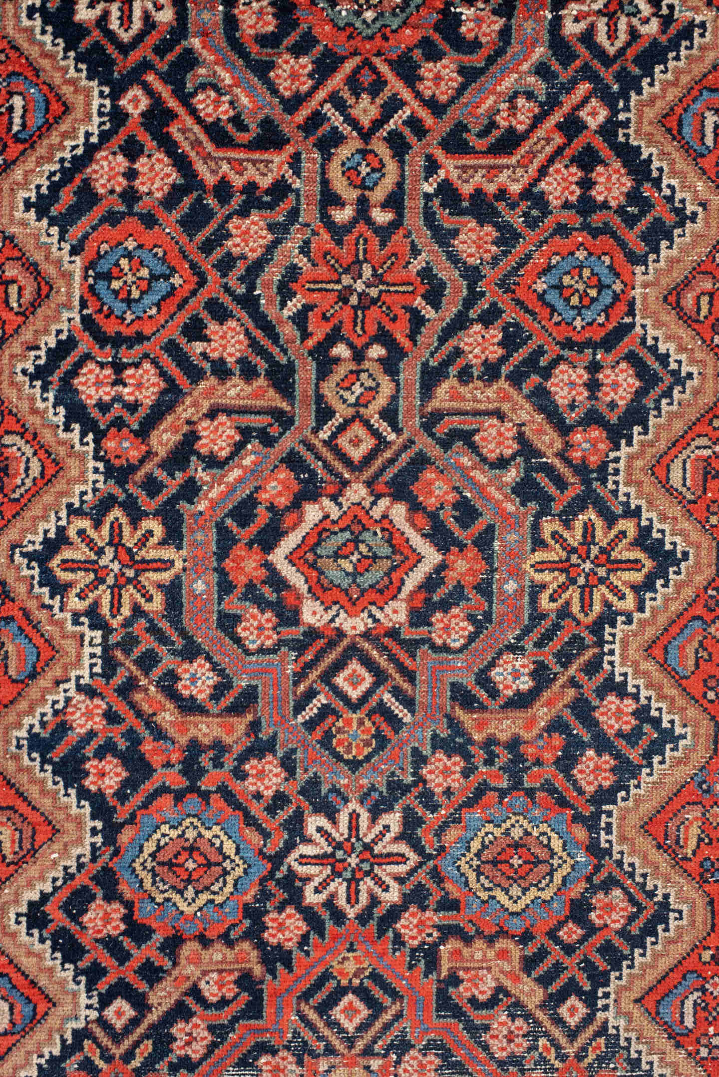3' x 9' one-of-a-kind handmade antique Malayer runner rug. Color palette: navy, ivory, rust, crimson, sky blue, camel, blue