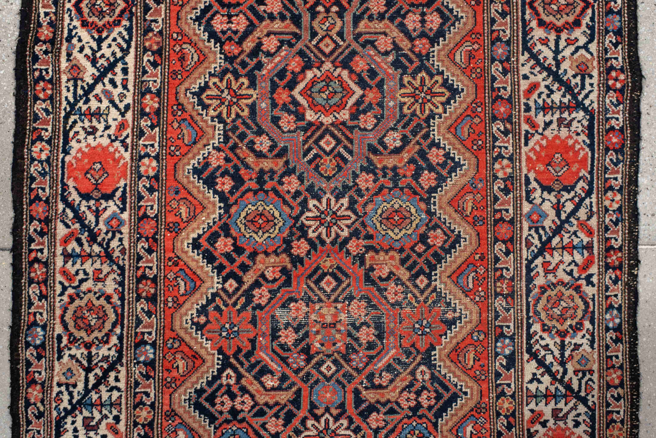 3' x 9' one-of-a-kind handmade vintage Malayer runner rug. Color palette: antiquewhite, blanched almond, blue, brown, fiord