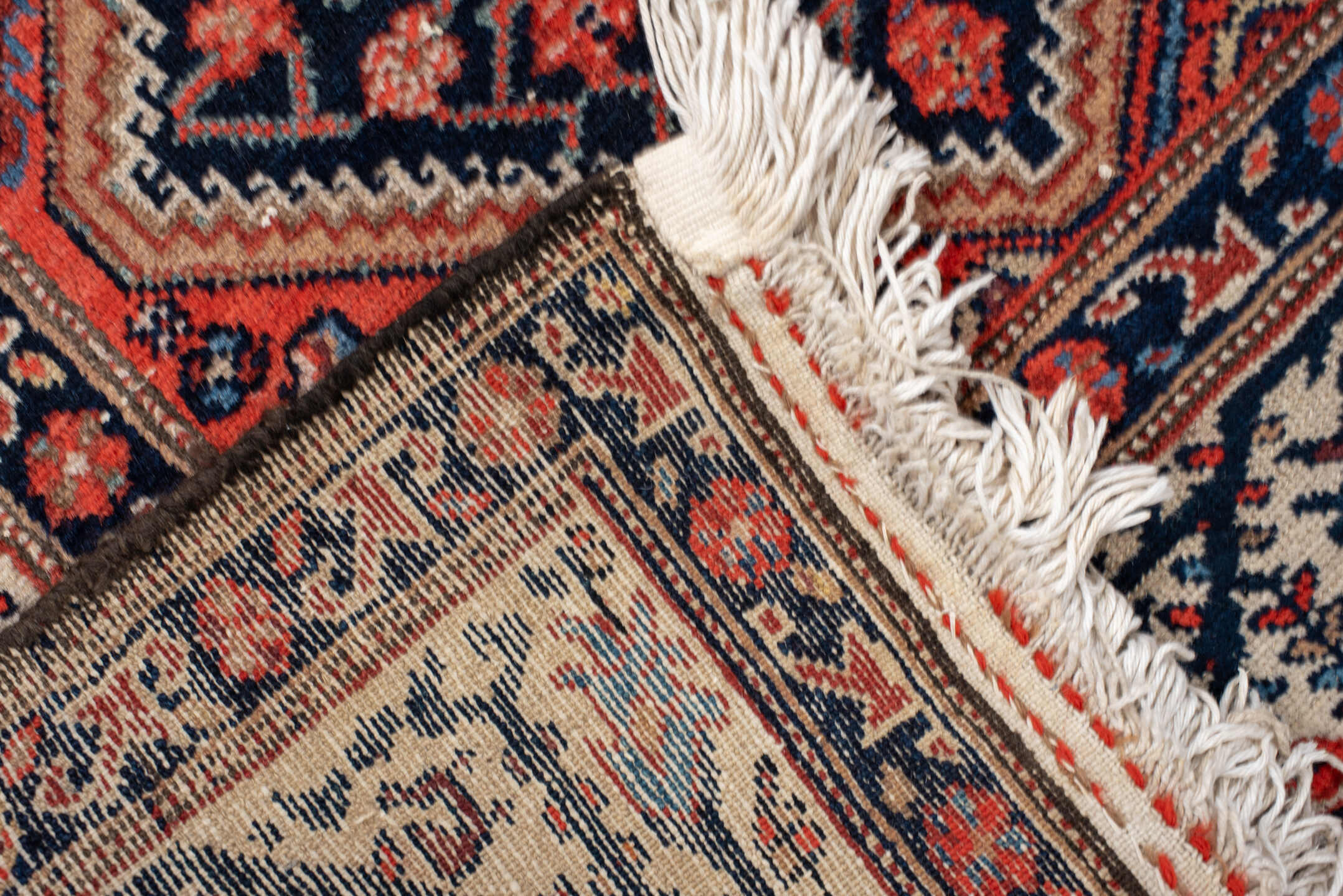 3' x 9' one-of-a-kind handmade vintage Malayer runner rug. Color palette: antiquewhite, blanched almond, blue, brown, fiord