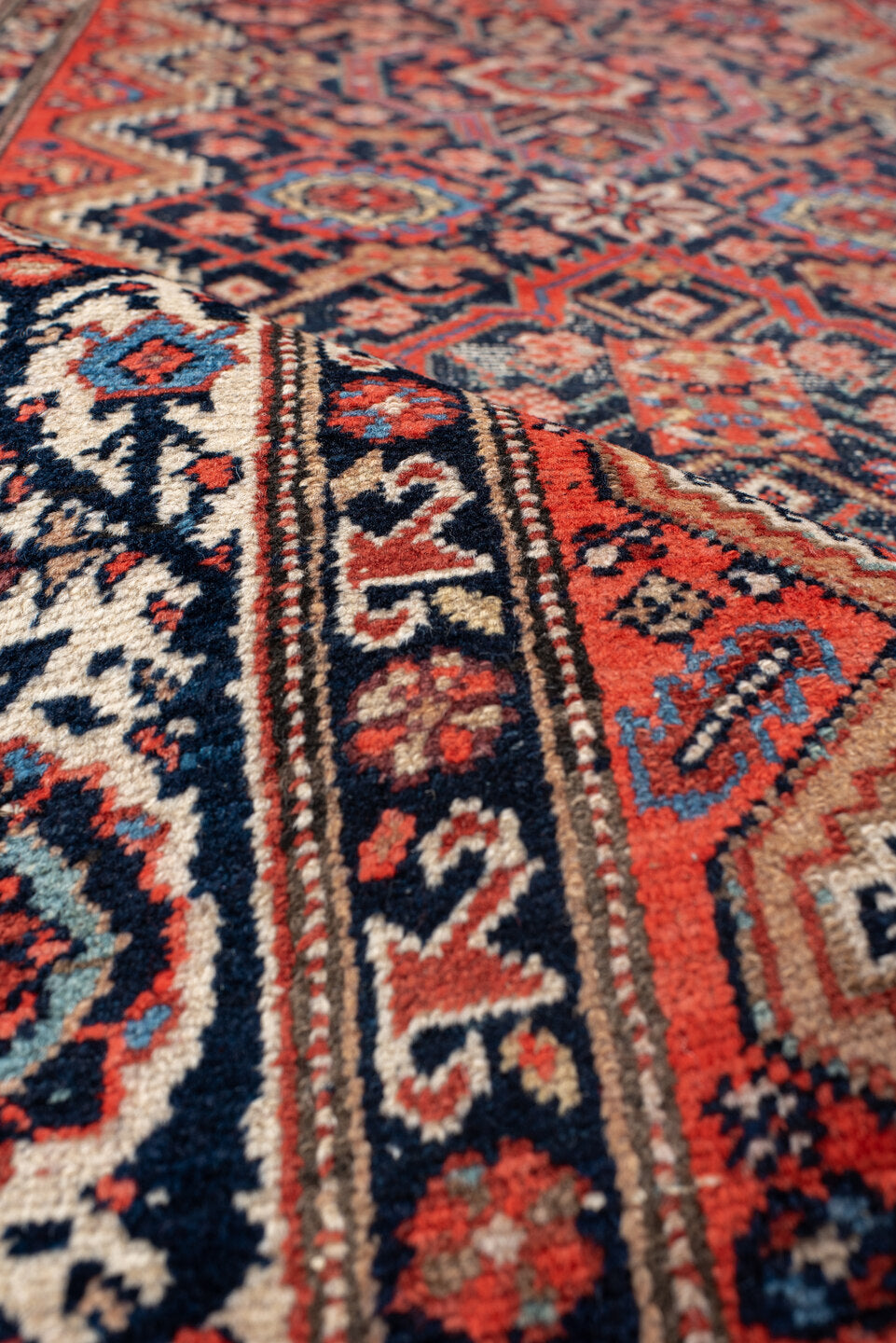 3' x 9' one-of-a-kind handmade vintage Malayer runner rug. Color palette: antiquewhite, blanched almond, blue, brown, fiord