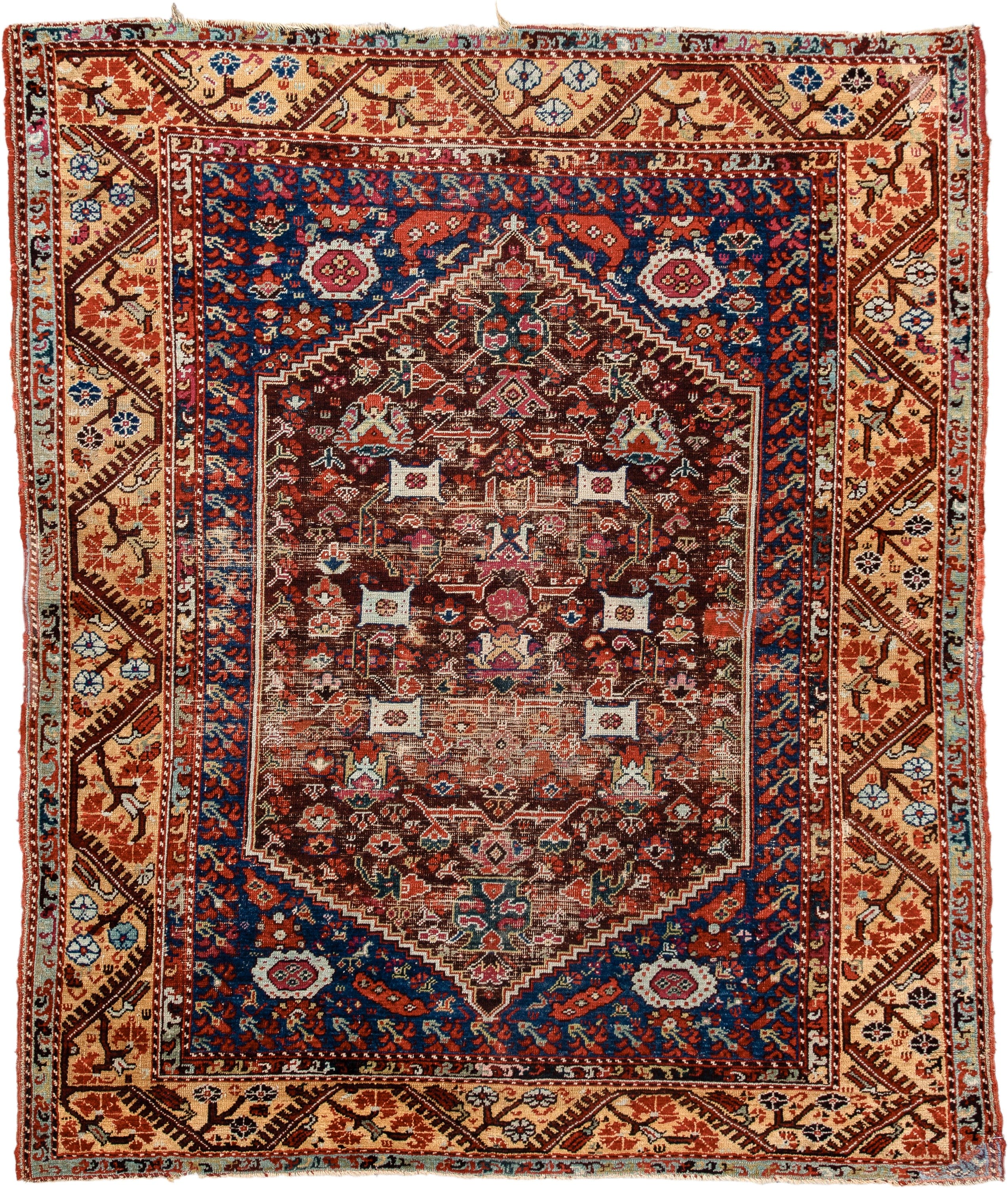 4' x 5' one-of-a-kind handmade vintage Anatolian small size rug. Color palette: rust, indigo, ivory, burgundy, sky blue