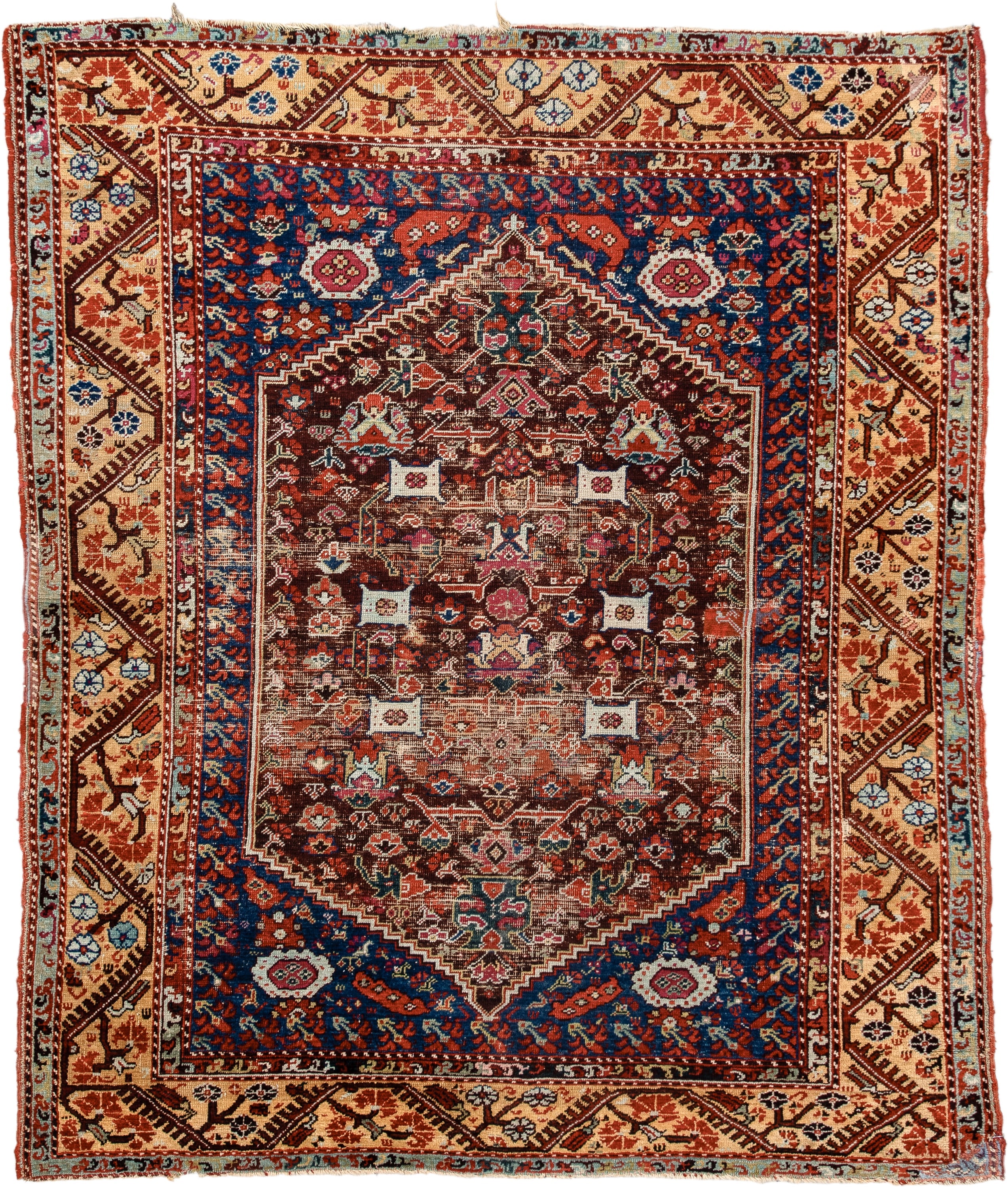 4' x 5' one-of-a-kind handmade vintage Anatolian small size rug. Color palette: rust, indigo, ivory, burgundy, sky blue