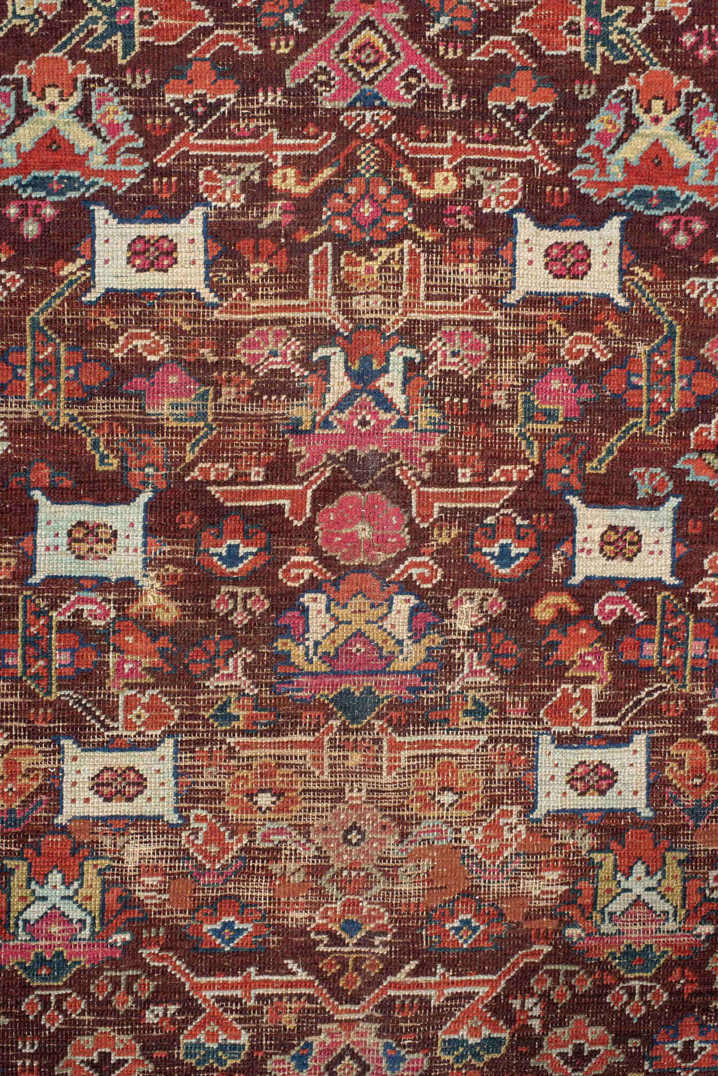 4' x 5' one-of-a-kind handmade vintage Anatolian small size rug. Color palette: rust, indigo, ivory, burgundy, sky blue