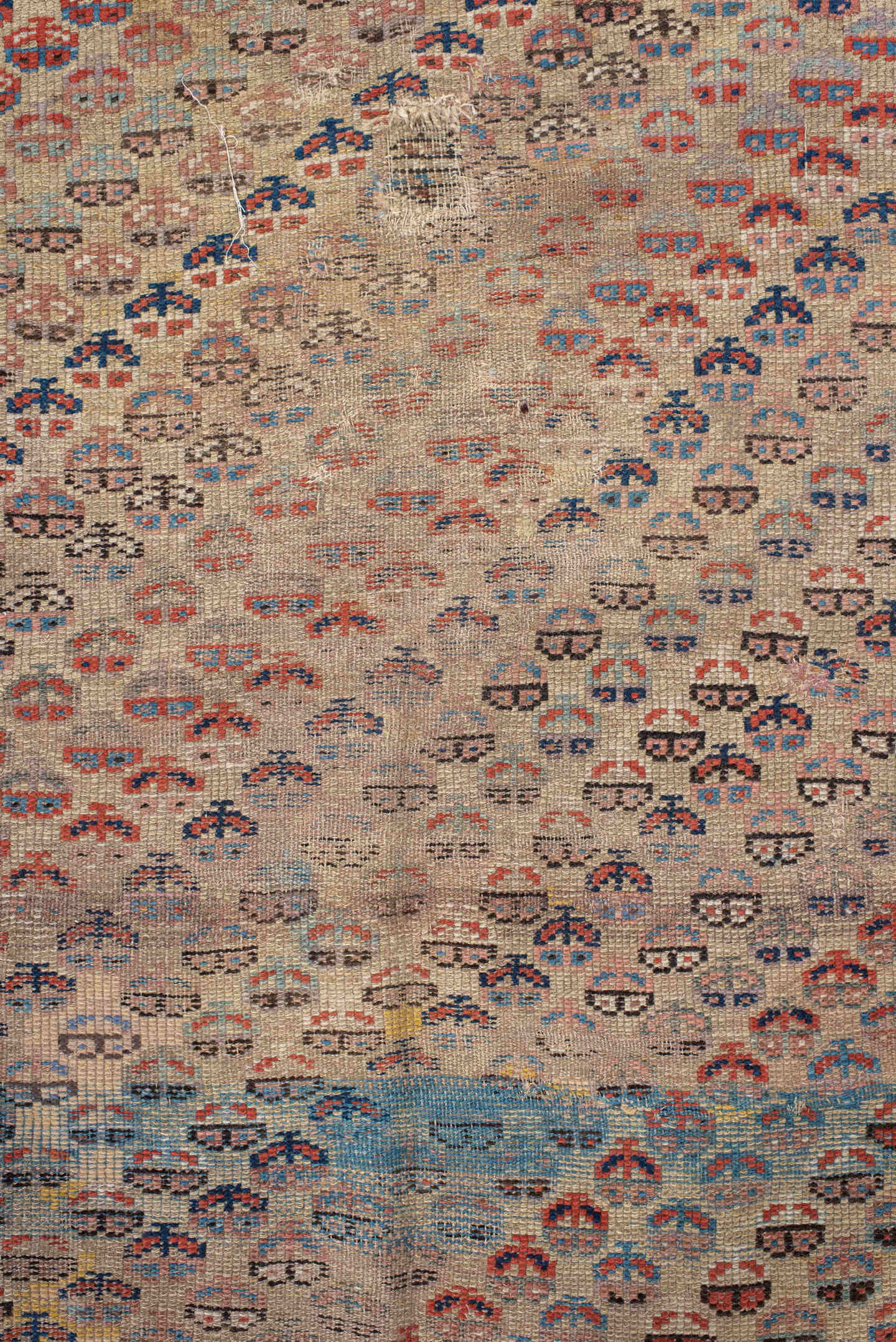 4' x 6' one-of-a-kind handmade vintage Kurd small size rug. Color palette: ivory, indigo, rose, rust, sky blue, charcoal