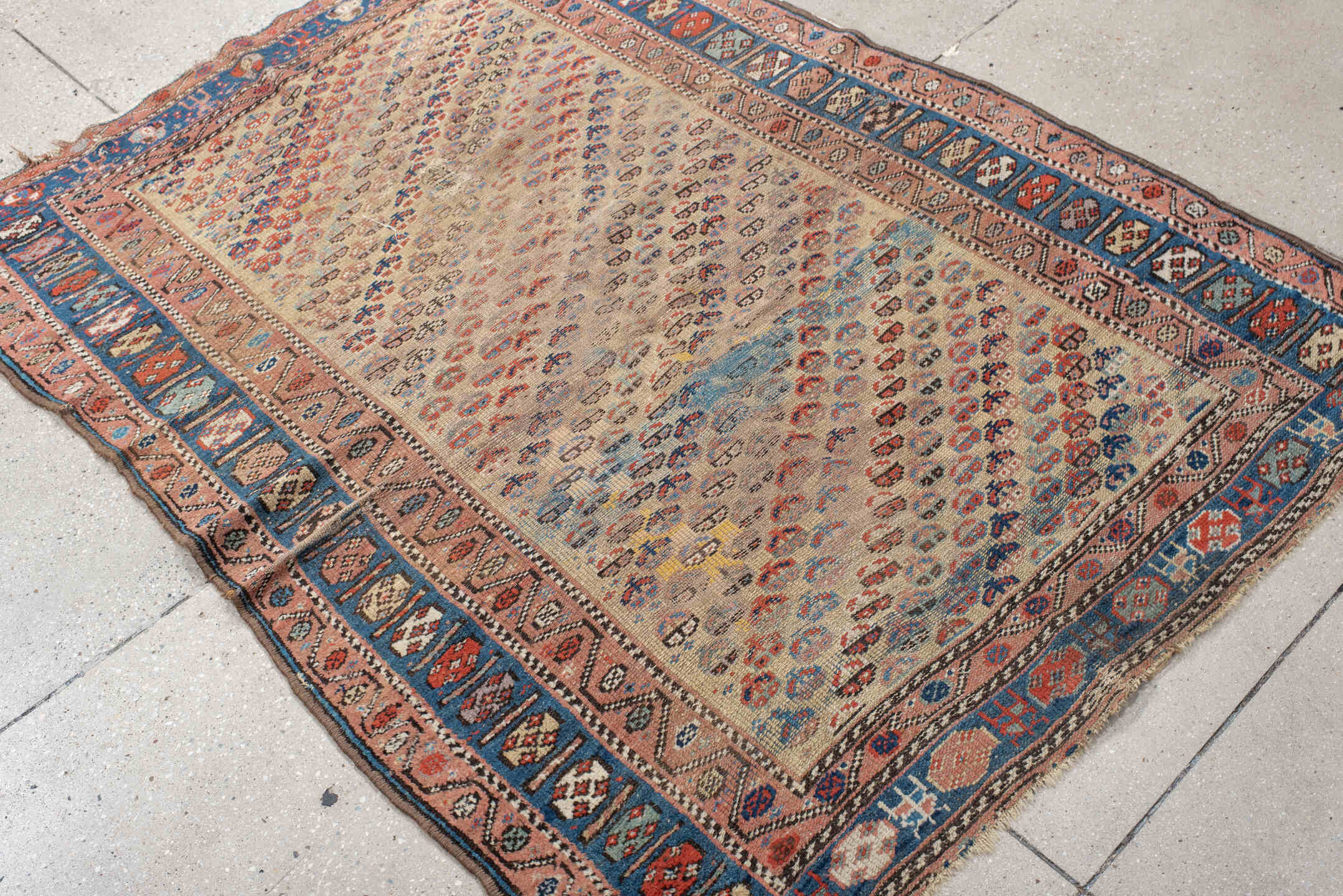 4' x 6' one-of-a-kind handmade vintage Kurd small size rug. Color palette: arapawa, black, blue, brown, gray, light gray