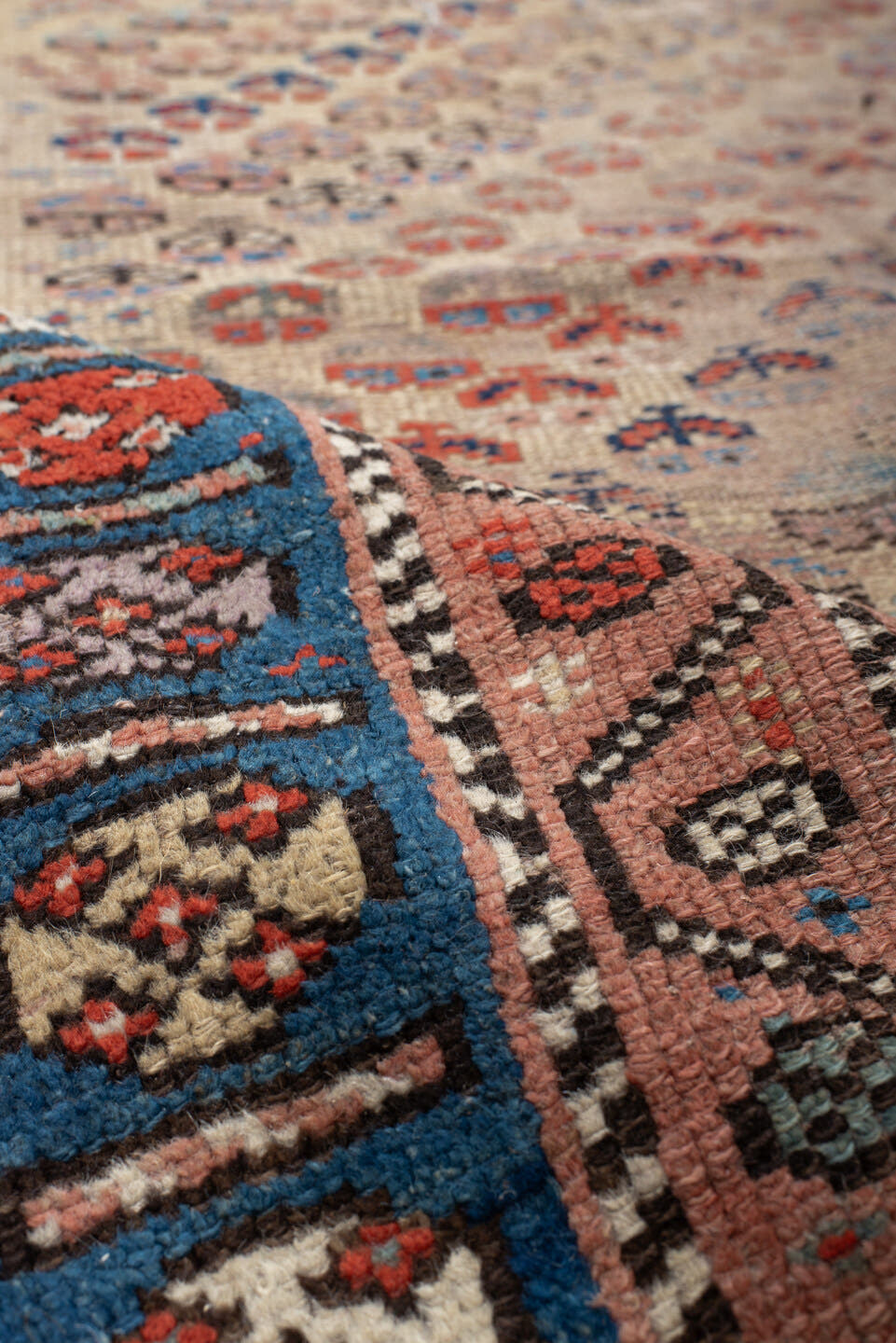 4' x 6' one-of-a-kind handmade vintage Kurd small size rug. Color palette: ivory, indigo, rose, rust, sky blue, charcoal