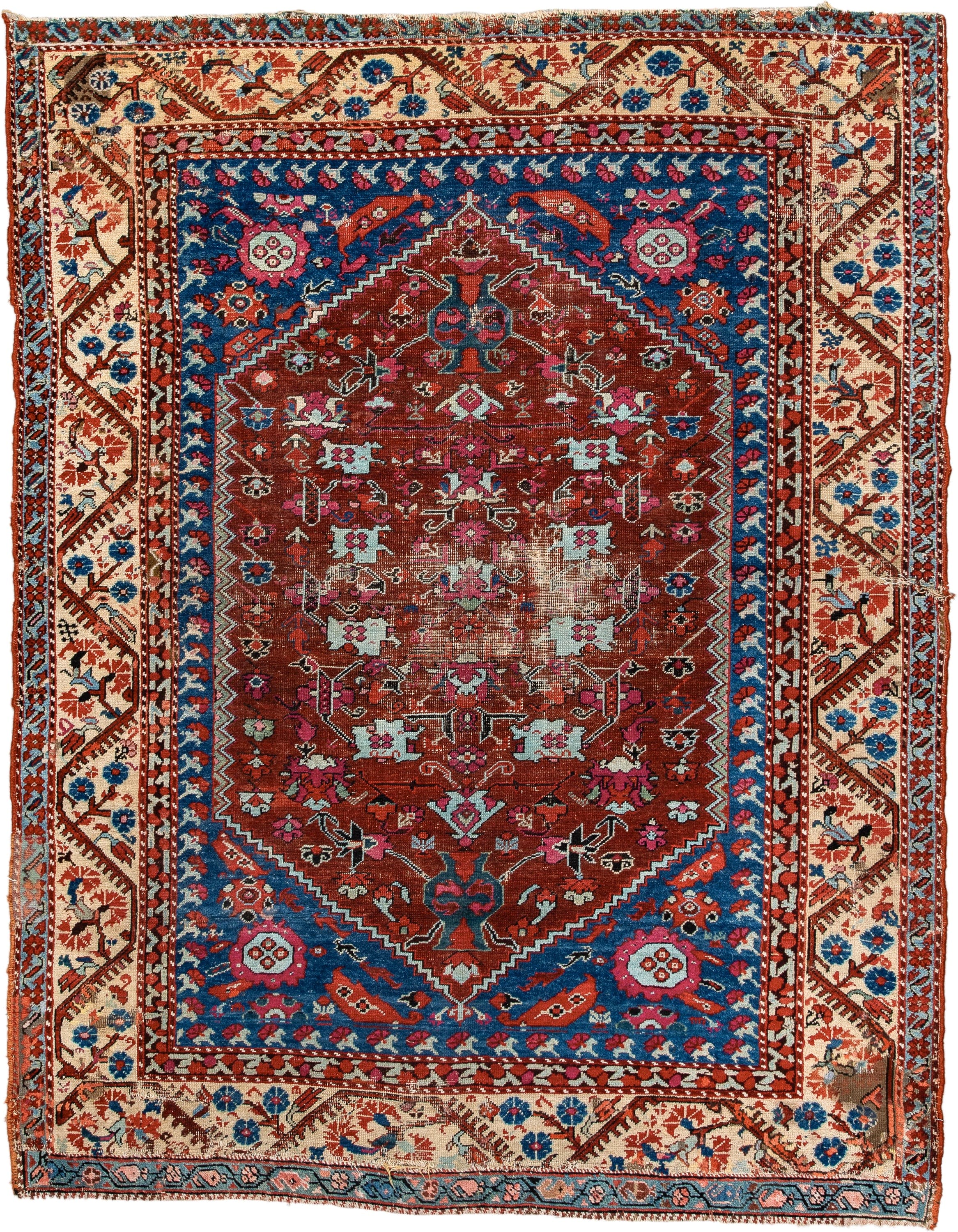 4' x 6' one-of-a-kind handmade vintage Anatolian small size rug. Color palette: rust, ivory, cobalt, brick, sky_blue, rose