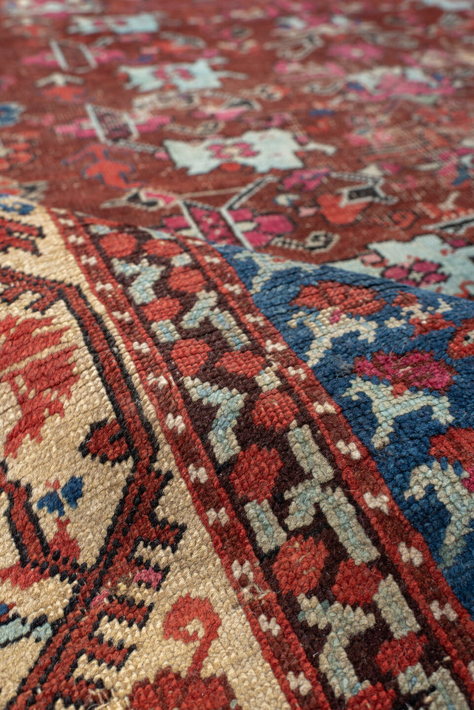 4' x 6' one-of-a-kind handmade vintage Anatolian small size rug. Color palette: rust, ivory, cobalt, brick, sky_blue, rose