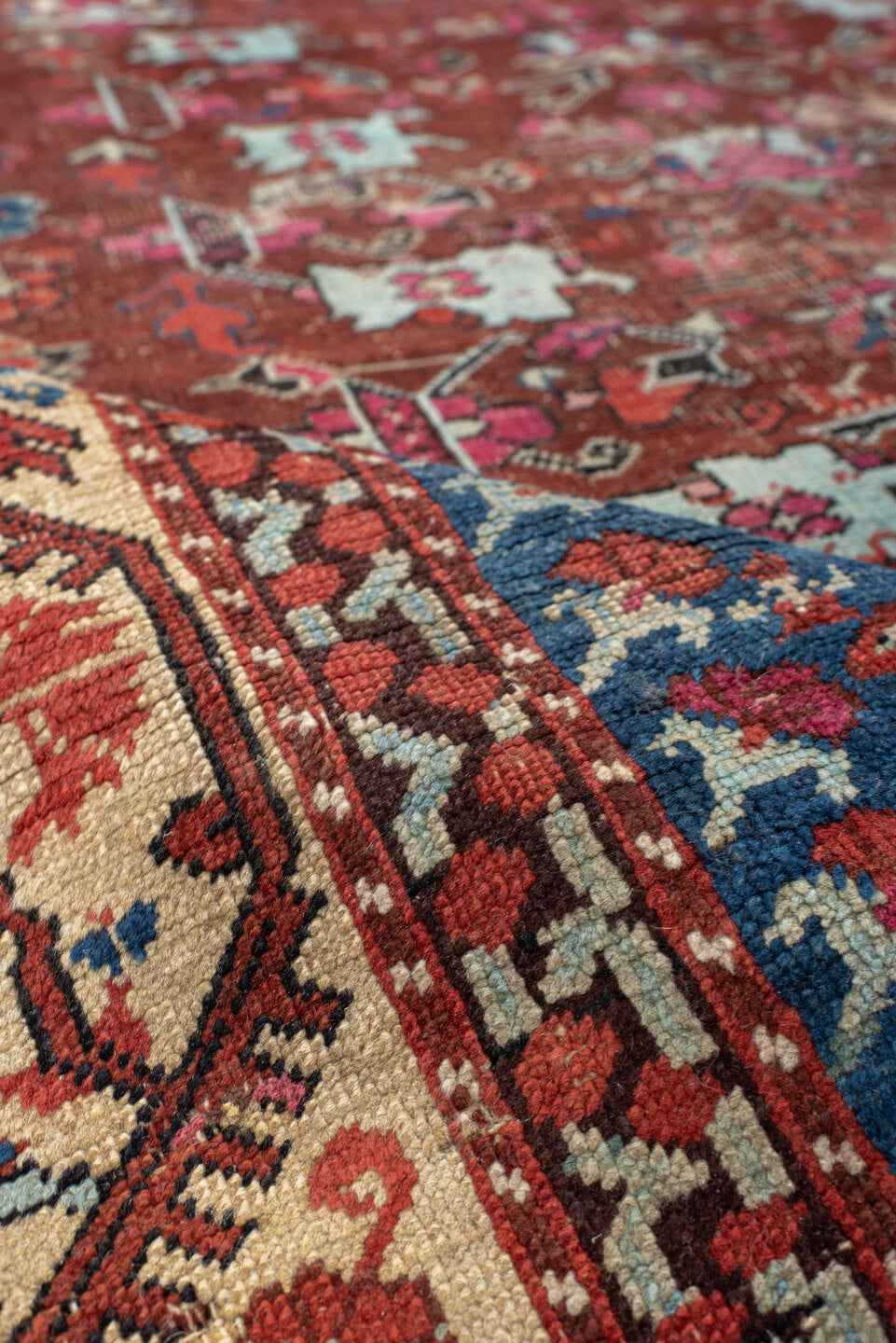 4' x 6' one-of-a-kind handmade vintage Anatol small size rug. Color palette: bisque, blanched almond, blue, brown, fiord