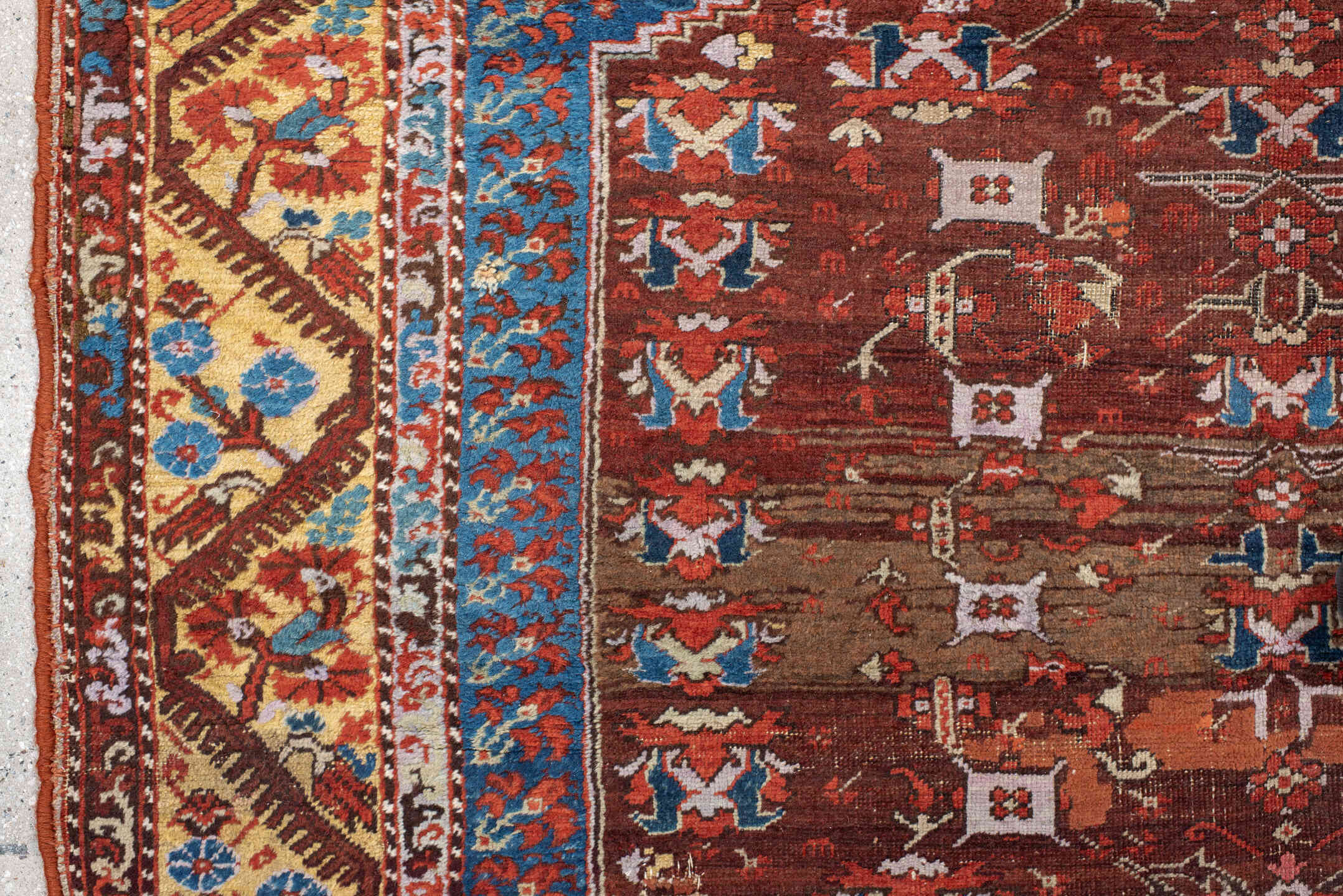 4' x 5' one-of-a-kind handmade vintage Anatol small size rug. Color palette: blue, brown, fiord, gray, light gray, moccasin