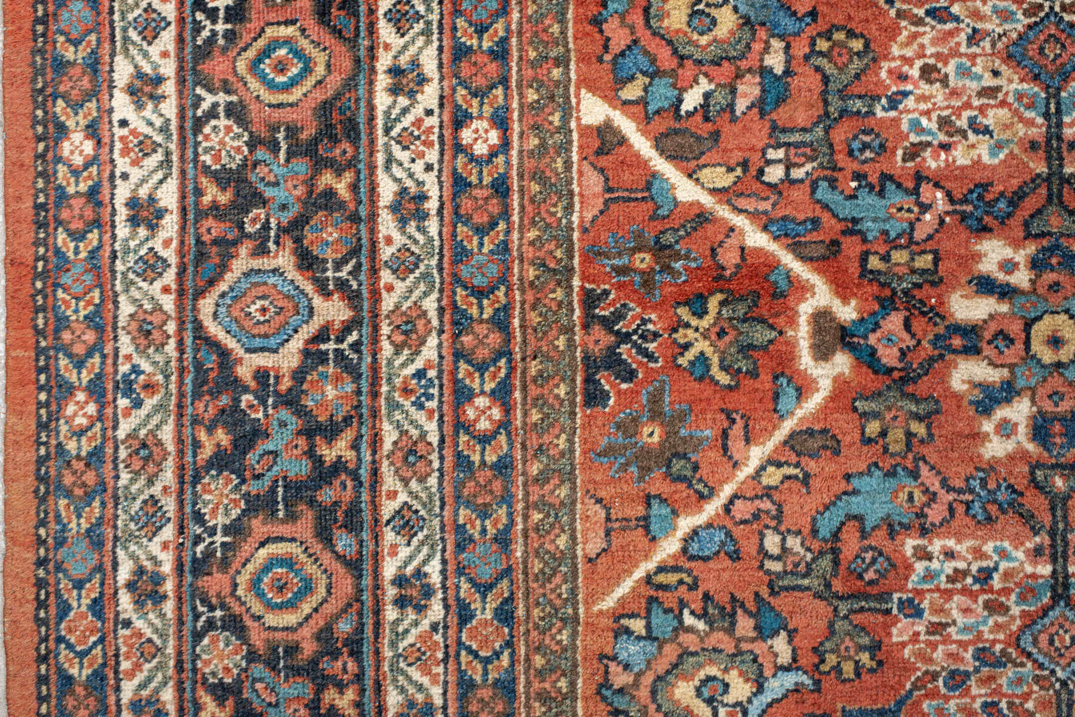 8' x 12' one-of-a-kind handmade vintage Mahal large size rug. Color palette: antiquewhite, arapawa, black, blue, brown