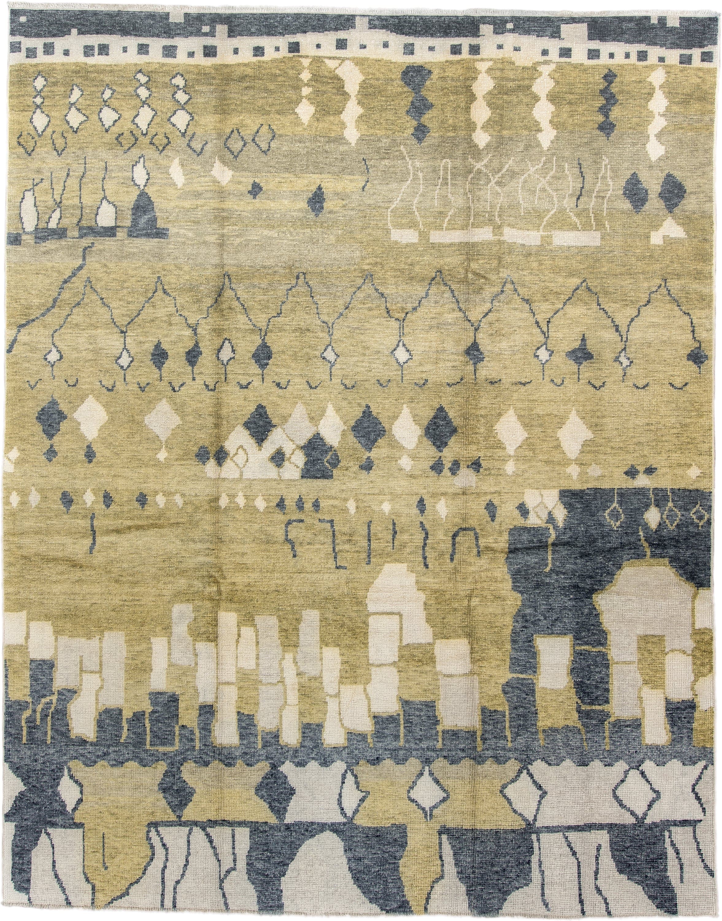 7' x 10' one-of-a-kind handmade vintage Moroccan large size rug. Color palette: olive, ivory, slate, cream, sage, green