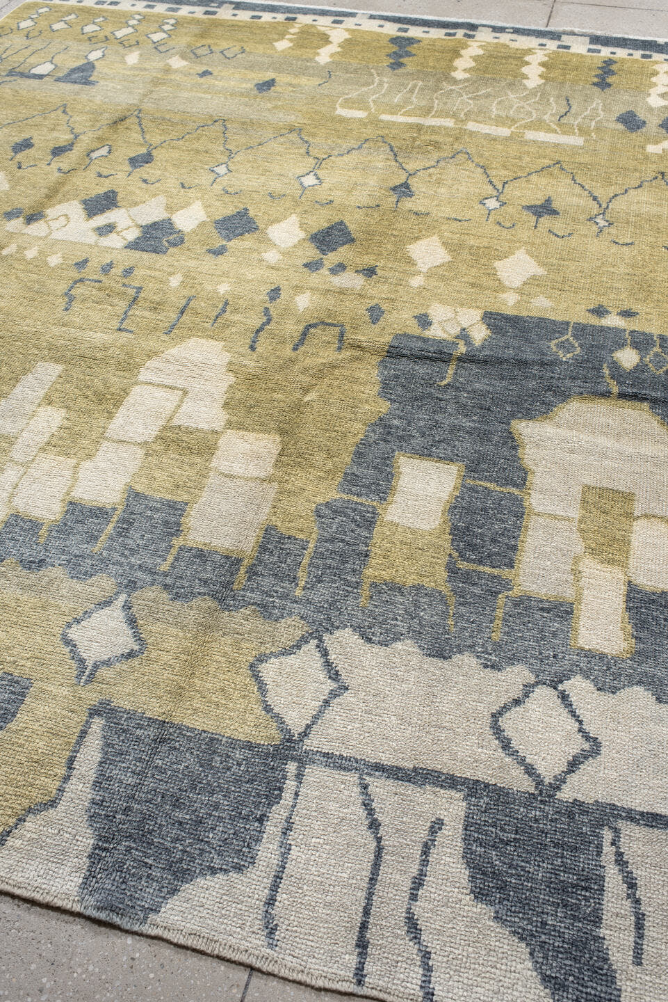 7' x 10' one-of-a-kind handmade vintage Moroccan large size rug. Color palette: olive, ivory, slate, cream, sage, green