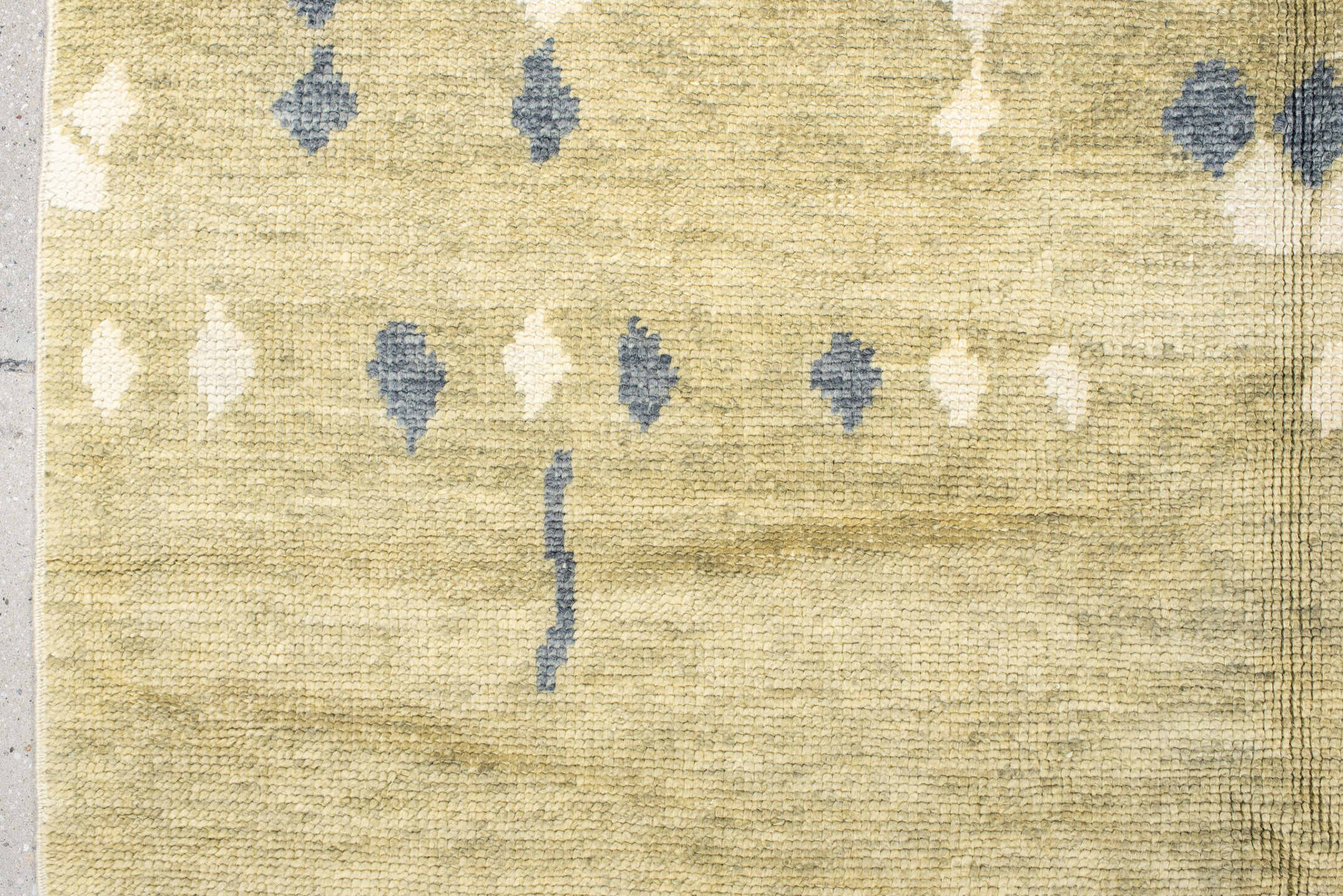 7' x 10' one-of-a-kind handmade vintage Moroccan large size rug. Color palette: olive, ivory, slate, cream, sage, green